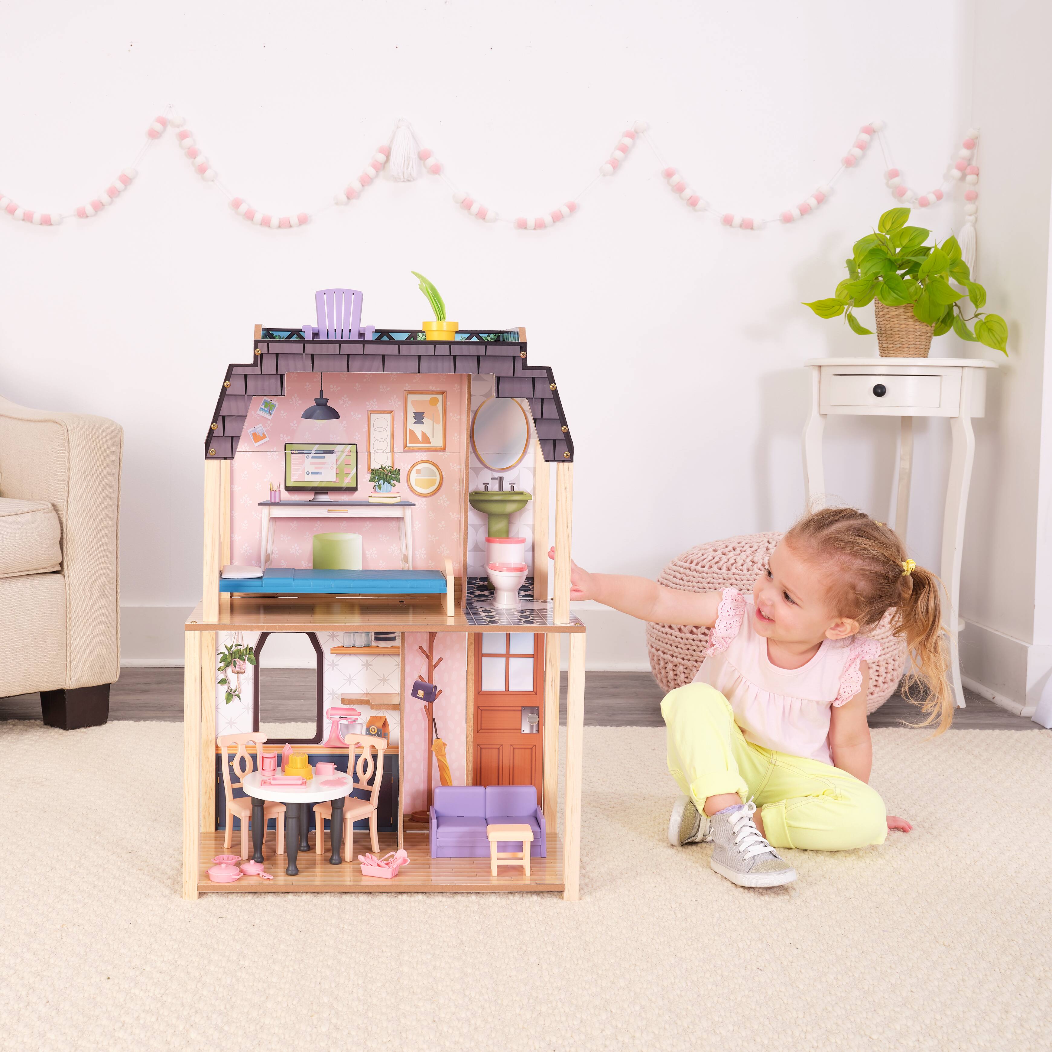 KidKraft Bella View Wooden Dollhouse with Rooftop Deck & 31 Accessories