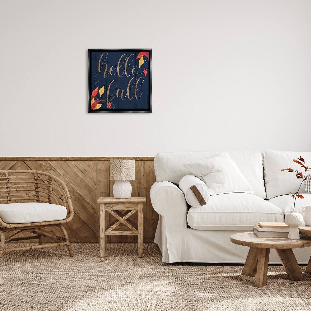 Stupell Industries Hello Fall with Autumn Foliage Floater Framed Art