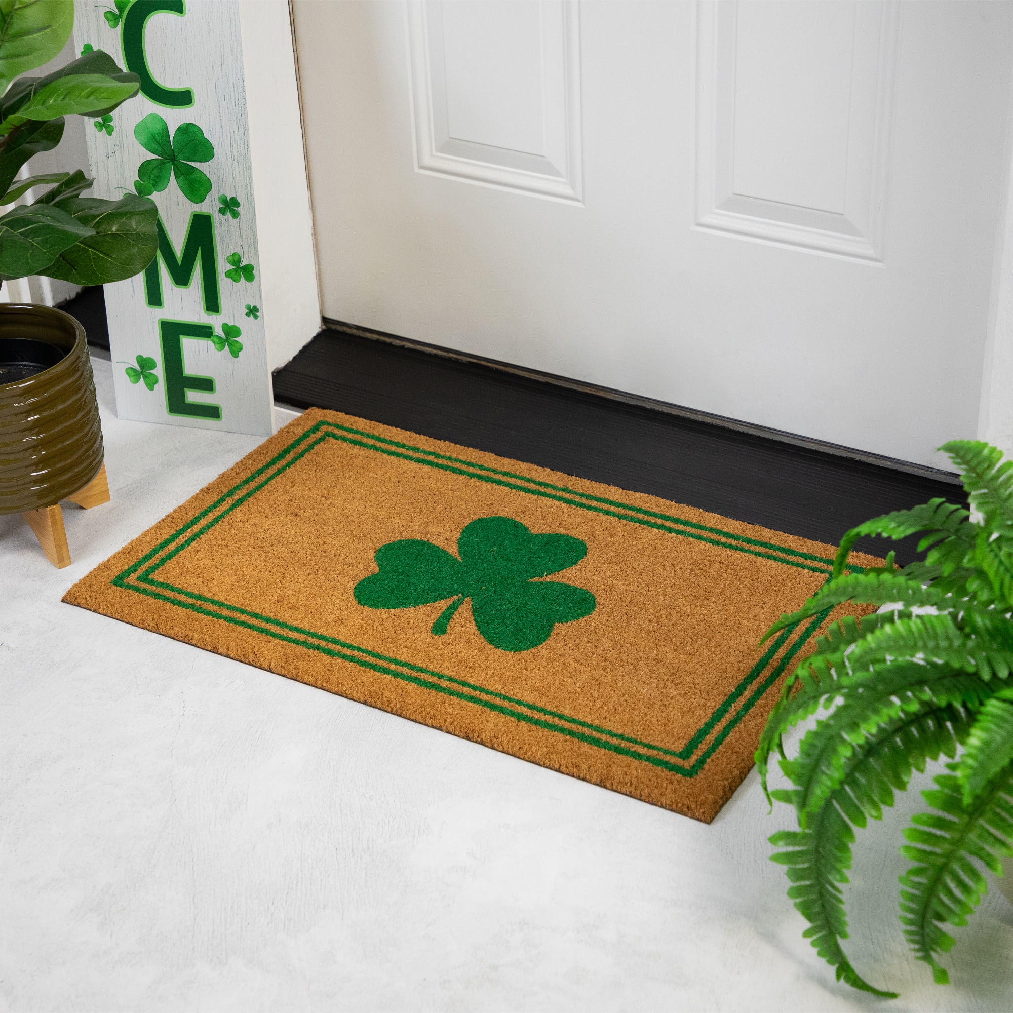 Green Shamrock &#x26; Double Stripe Doormat