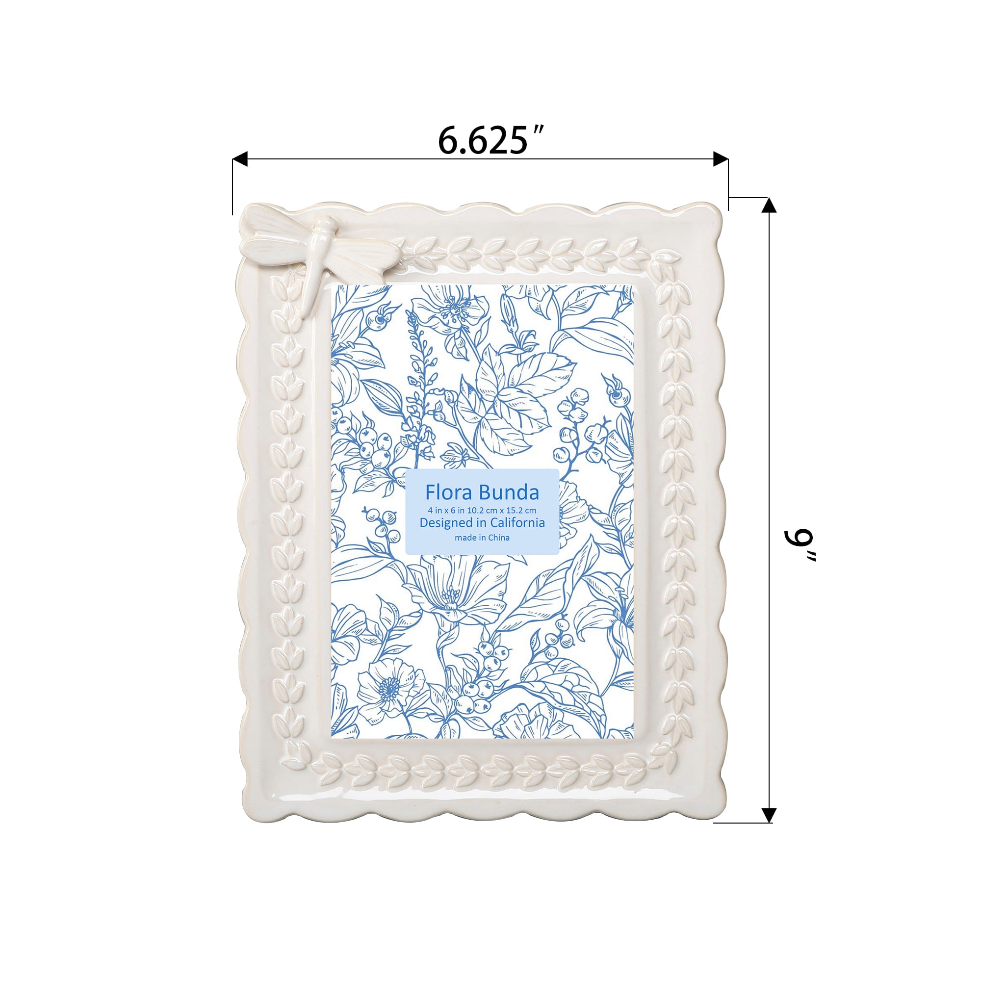 Flora Bunda® 4" x 6" Ivory Dragonfly Ceramic Frame