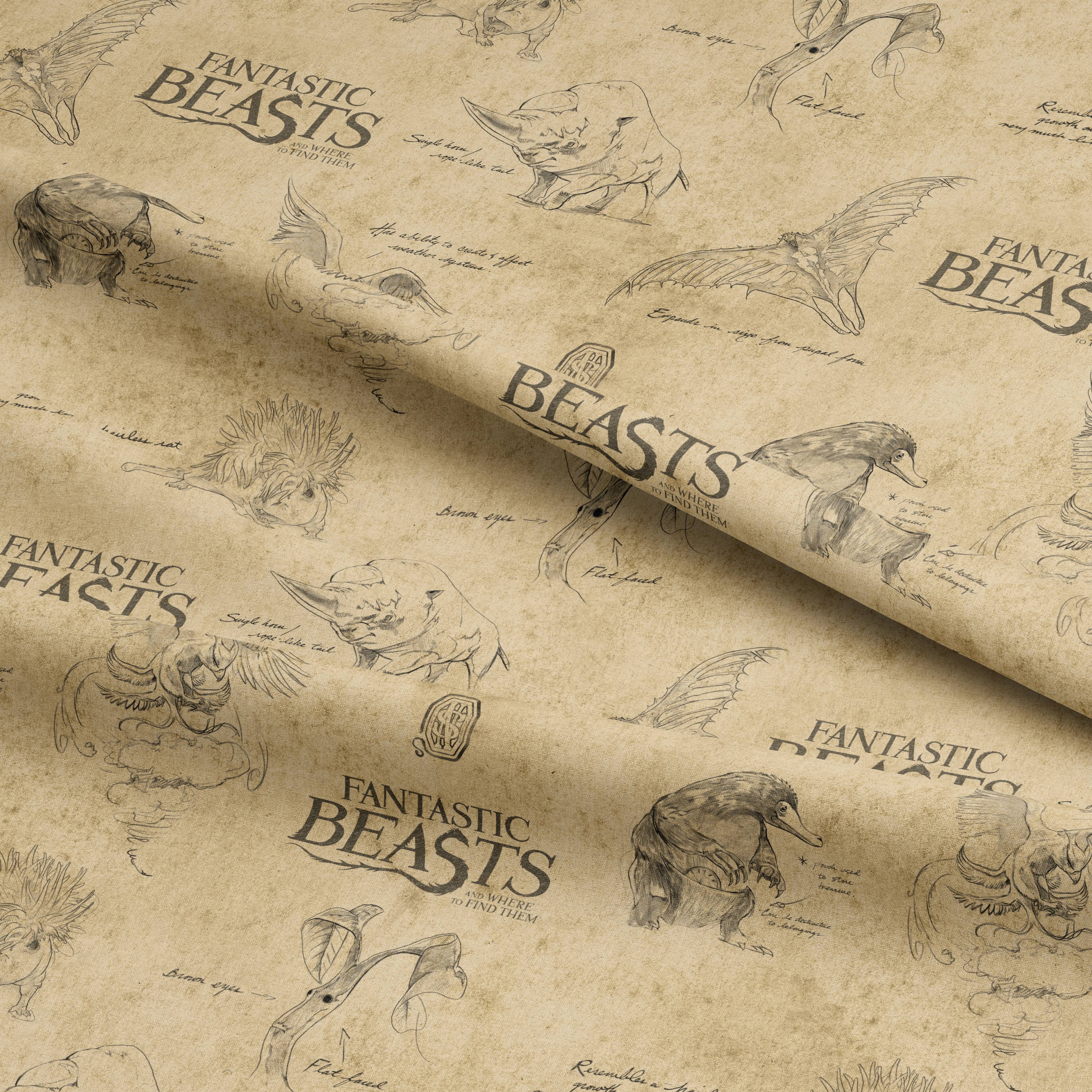 Fantastic Beasts&#x2122; Logo &#x26; Creatures Tan Cotton Fabric