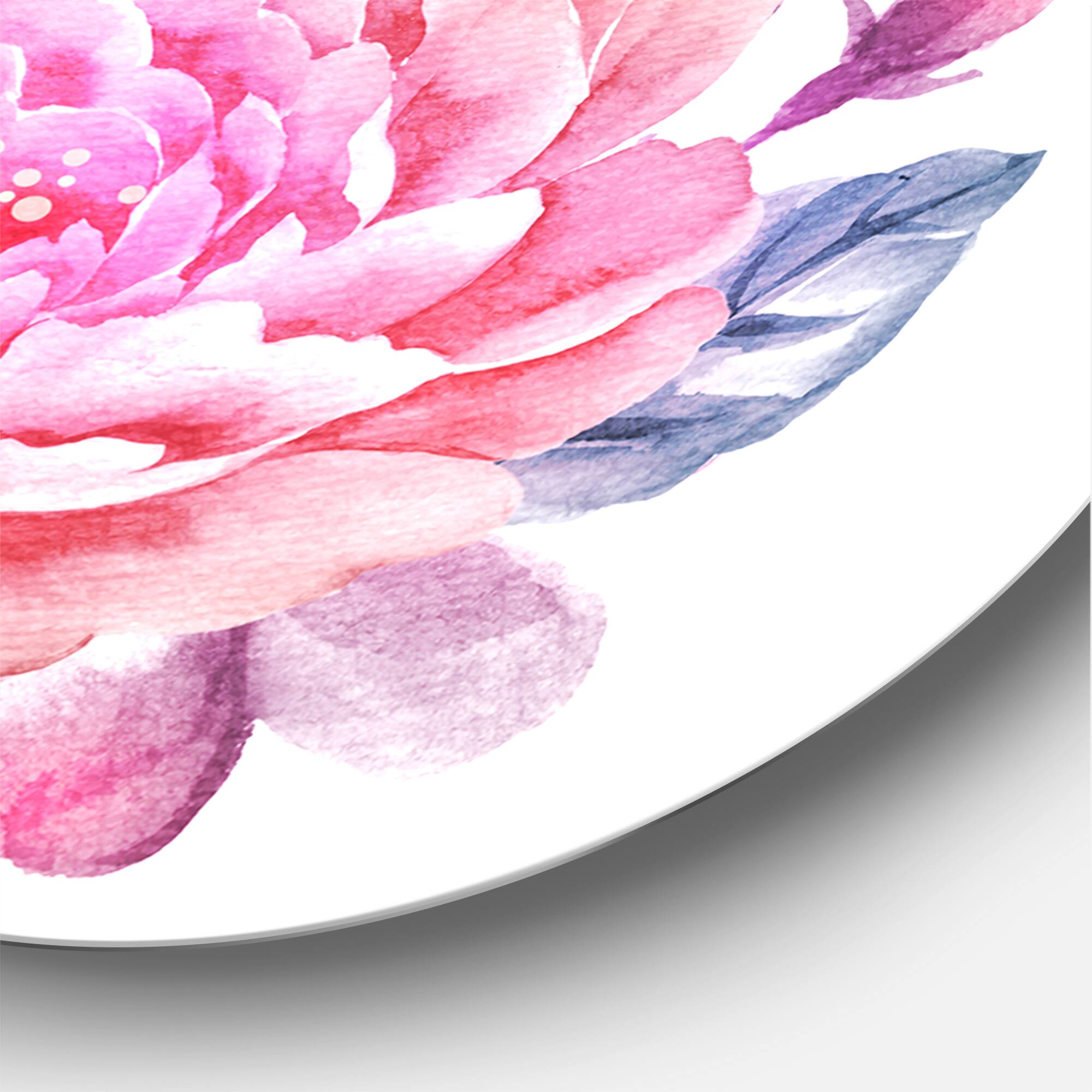 Designart - Pink Retro Flowers With Blue Leaves - Traditional Metal Circle Wall Art