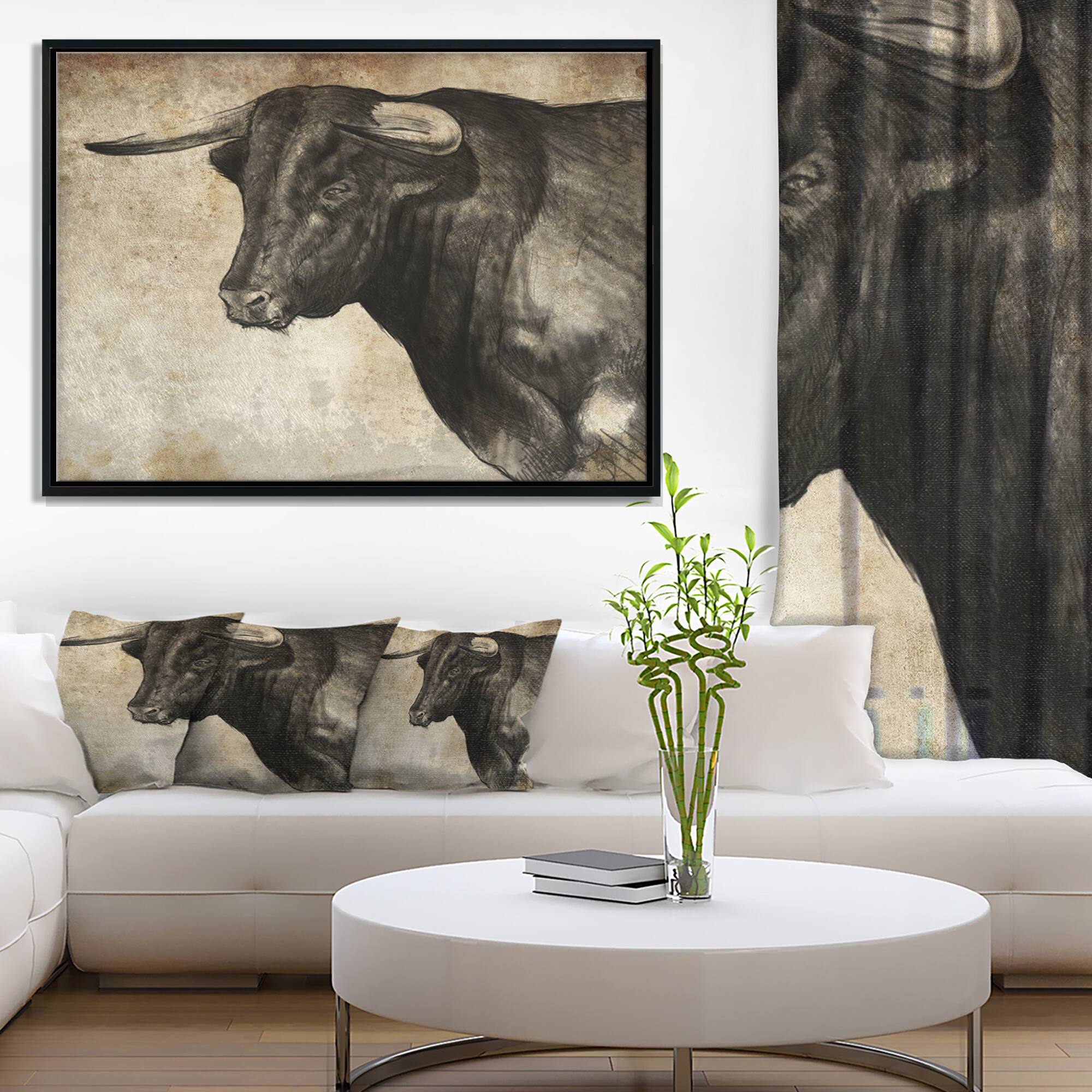 Designart - Spanish Bull Sketch - Animal Art On Canvas in Black Frame
