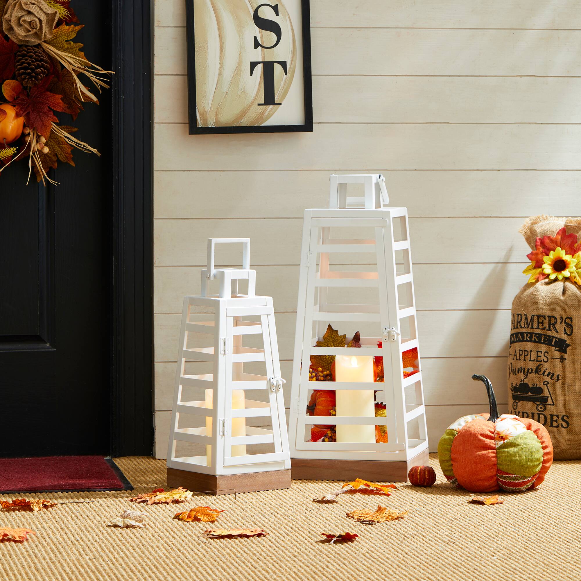 Glitzhome® White Modern Trapezoid Metal & Wood Lanterns Set