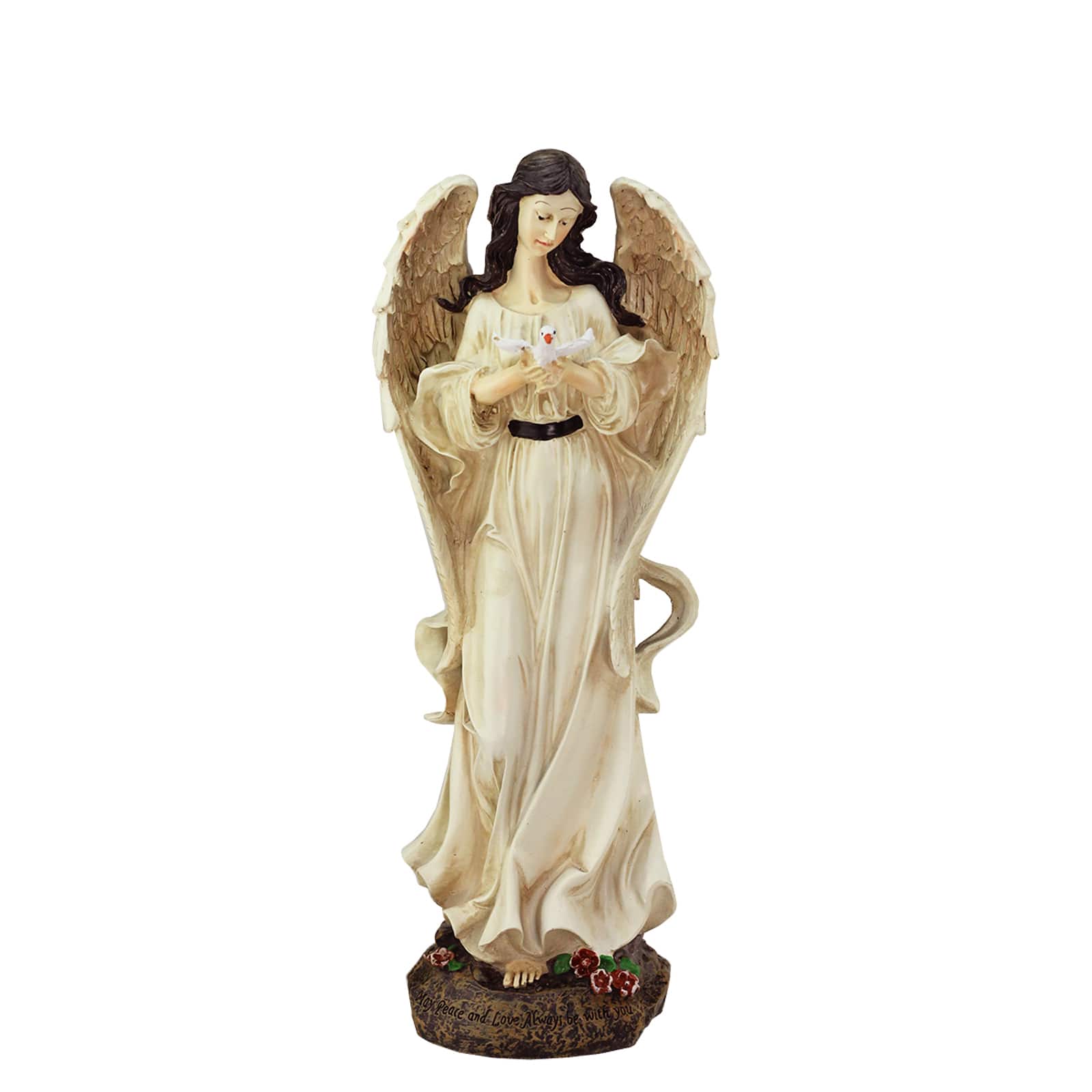 13.5" Heavenly Gardens Peace & Love Distressed Ivory Angel with Dove Outdoor Statue