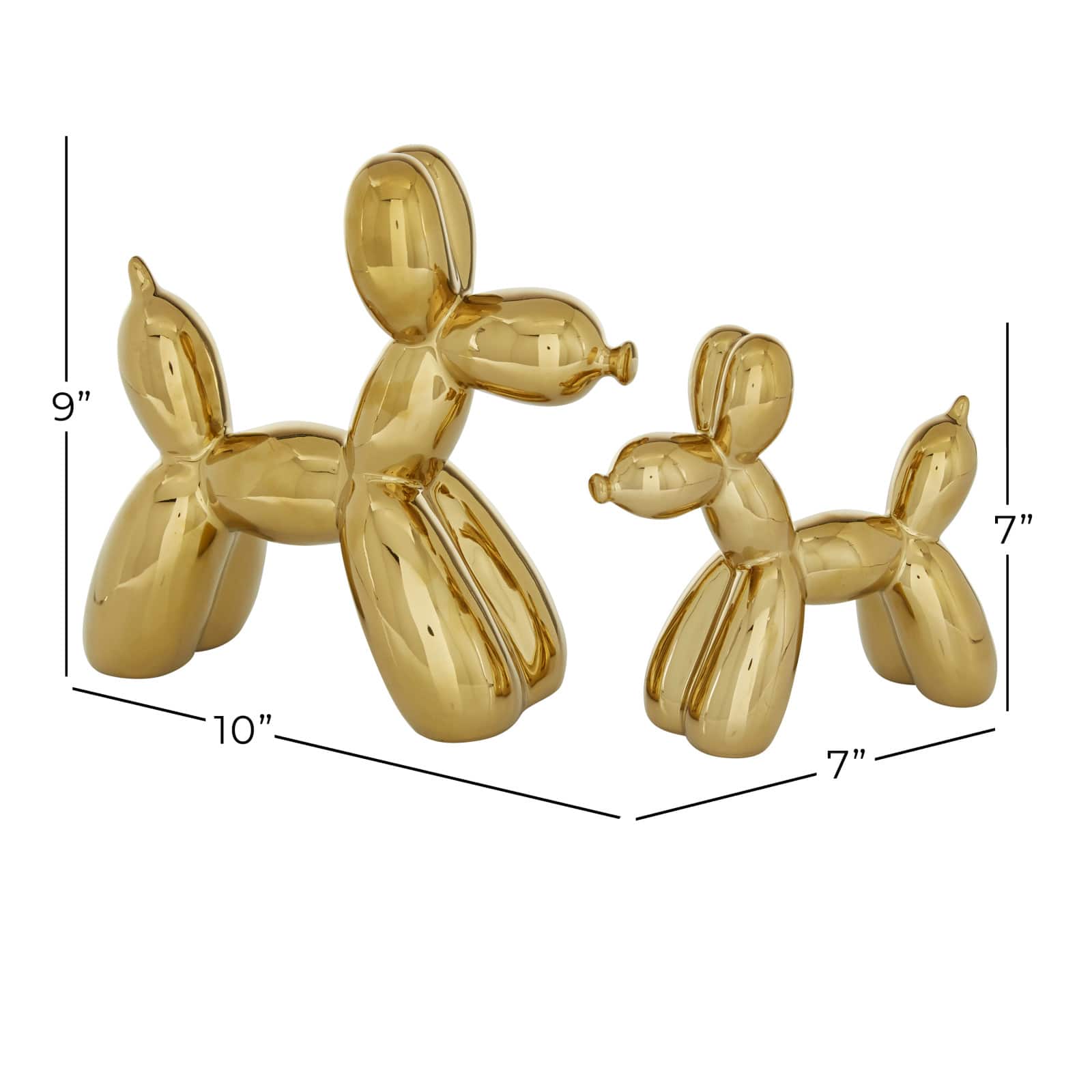 Set of 2 Gold Porcelain Contemporary Dog Sculpture, 7&#x22;, 9&#x22;