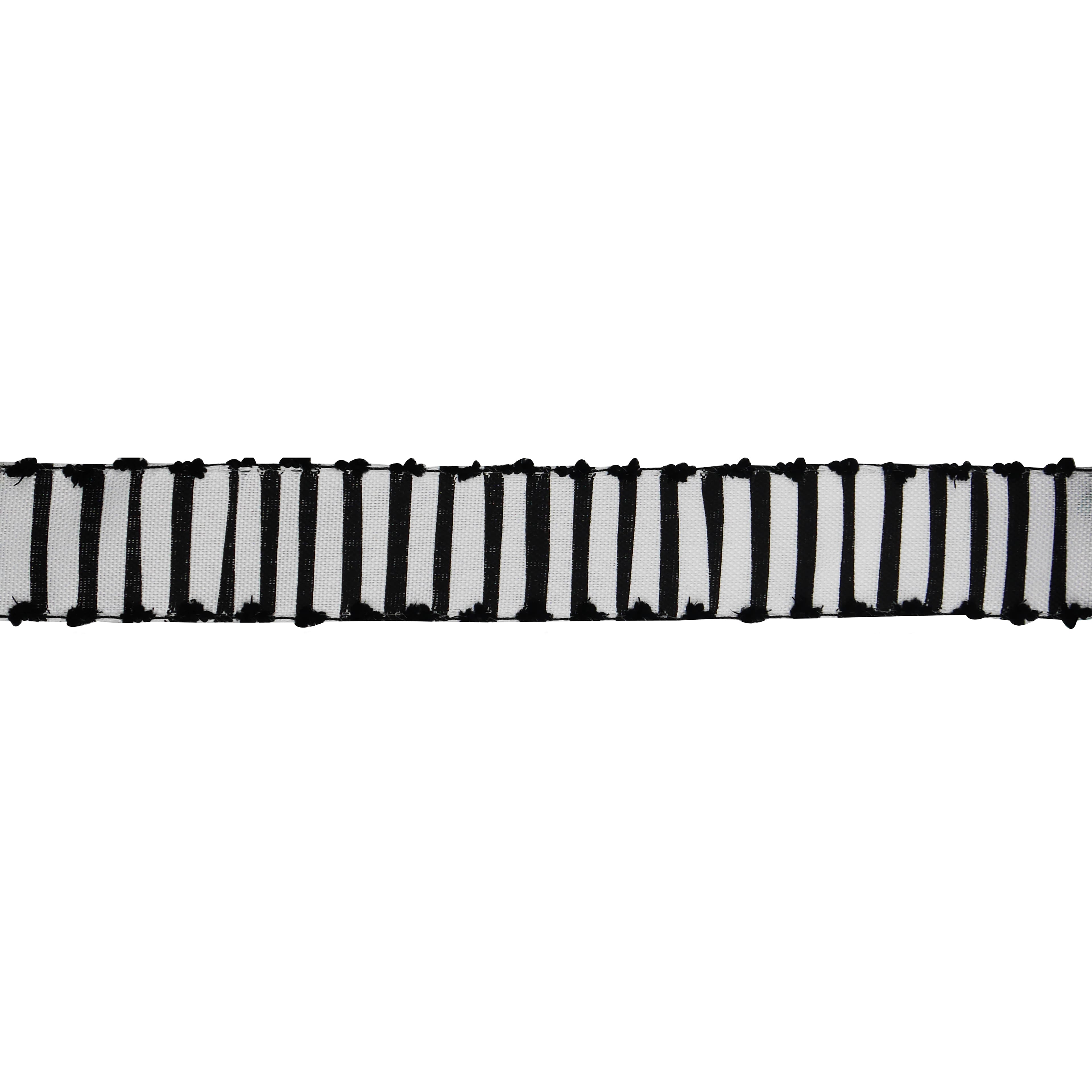 1.5&#x22; x 10yd. Black &#x26; White Striped with Pom Pom Edge Wired Faux Linen Ribbon by Celebrate It&#xAE; Halloween