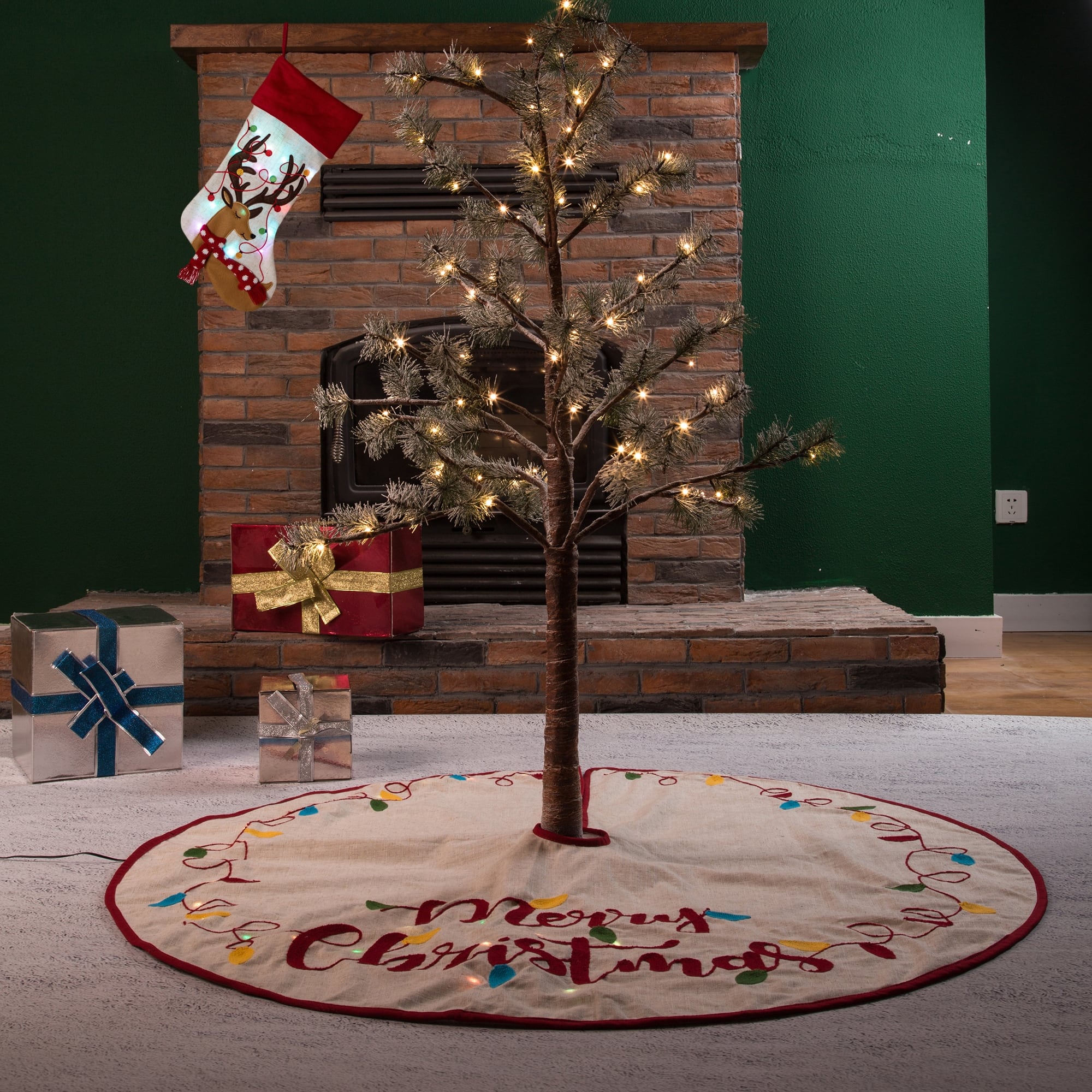 Glitzhome&#xAE; LED Embroidered Linen Christmas Stocking &#x26; Tree Skirt Set