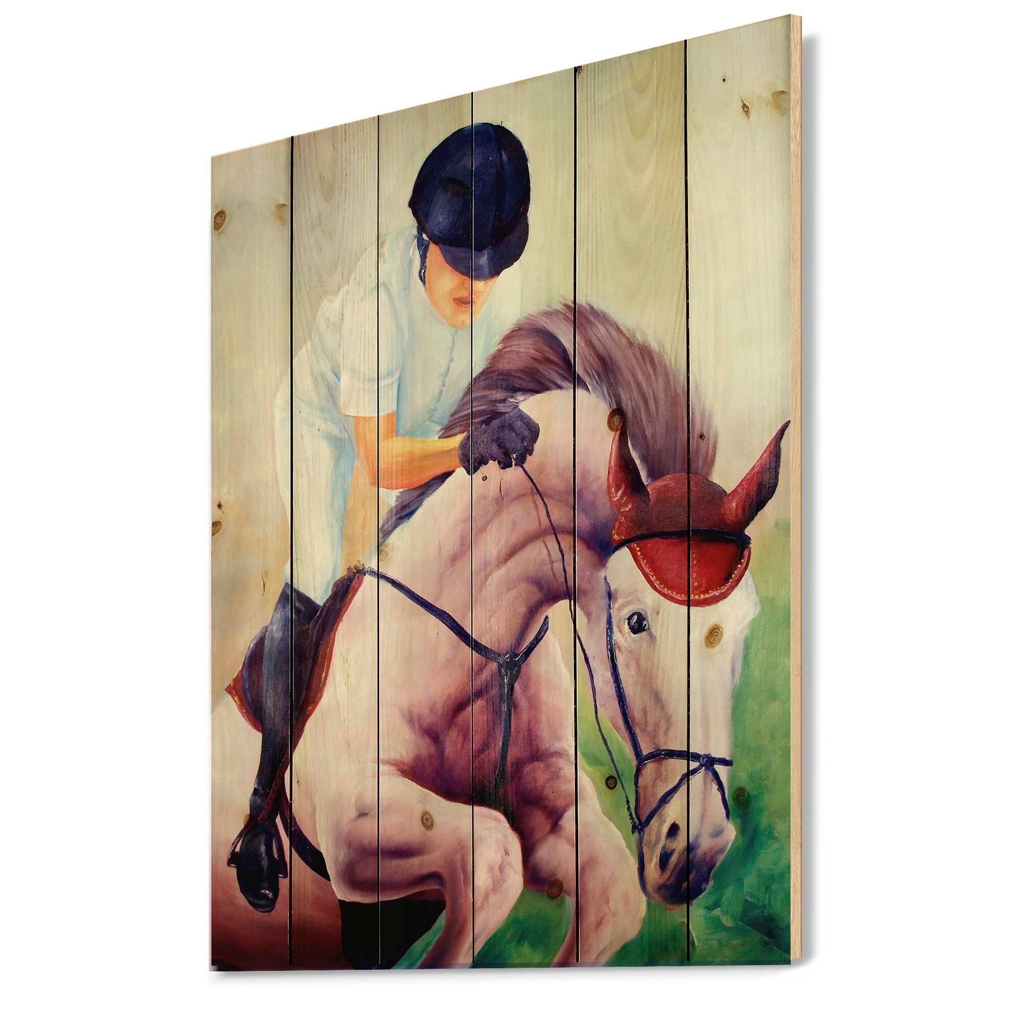 Designart - Jockey On Galoping Horse - Farmhouse Print on Natural Pine Wood