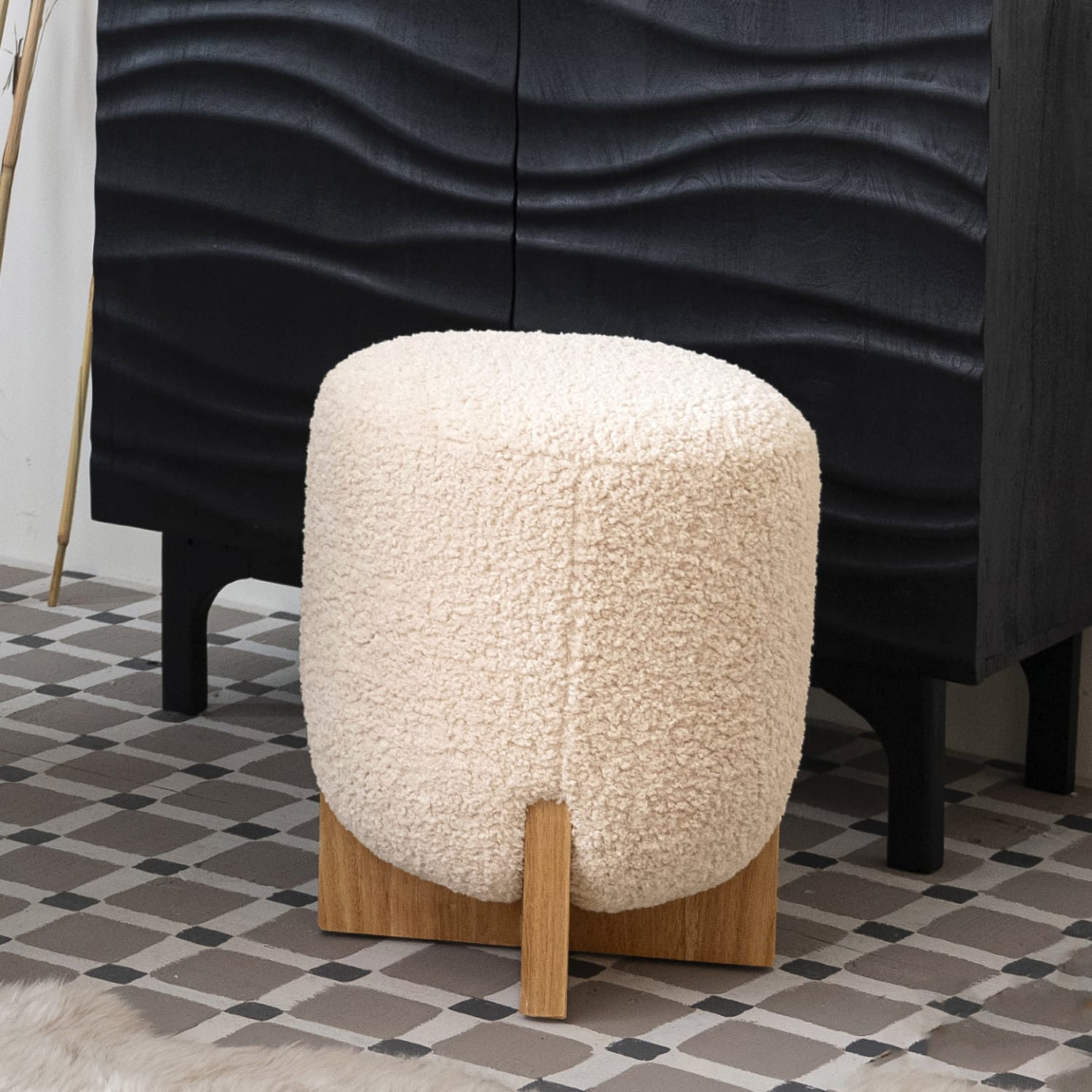 Hello Honey&#xAE; White Boucl&#xE9; Fabric Upholstered Ottoman