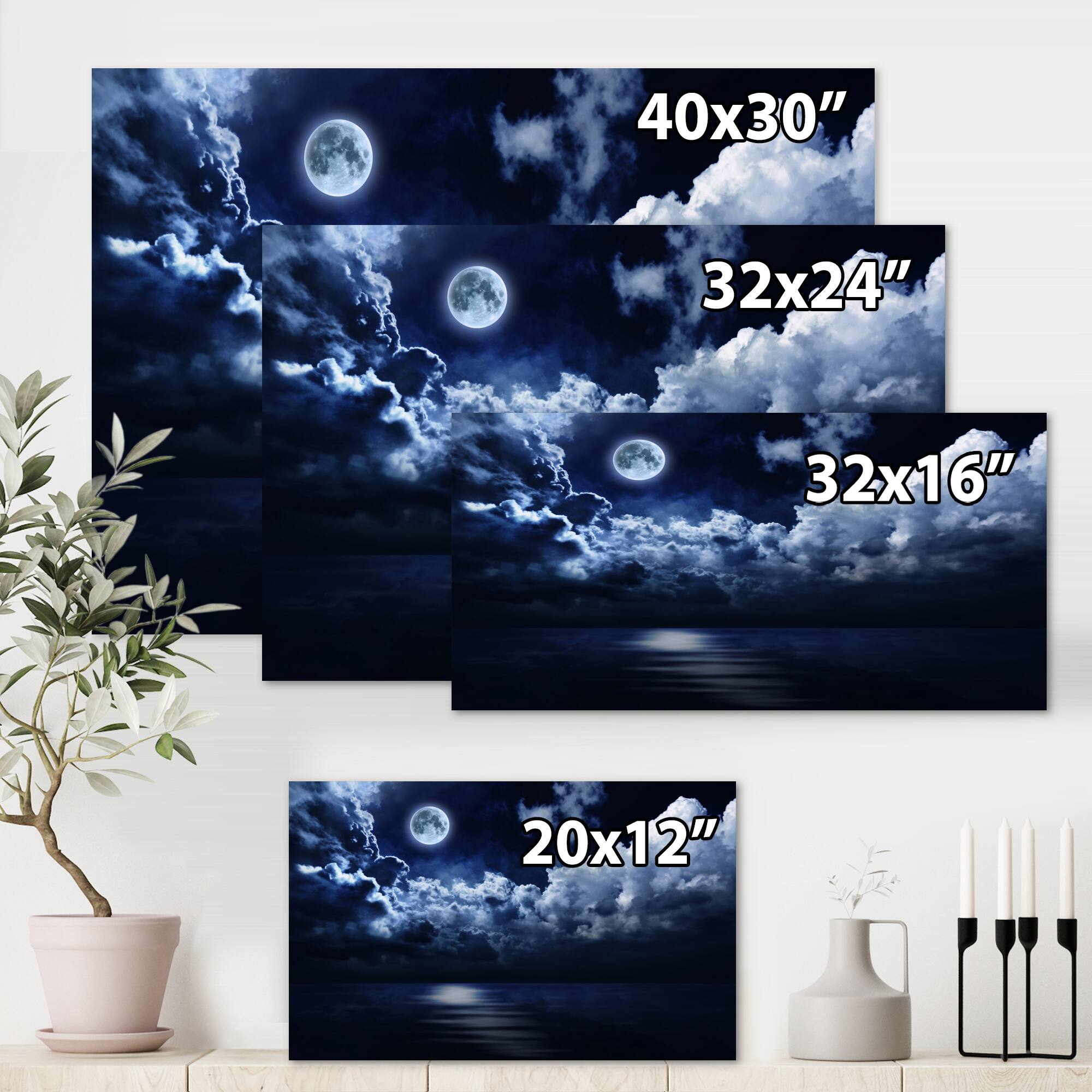 Designart - Full Moon in Cloudy Night Sky - Modern Canvas Wall Art Print