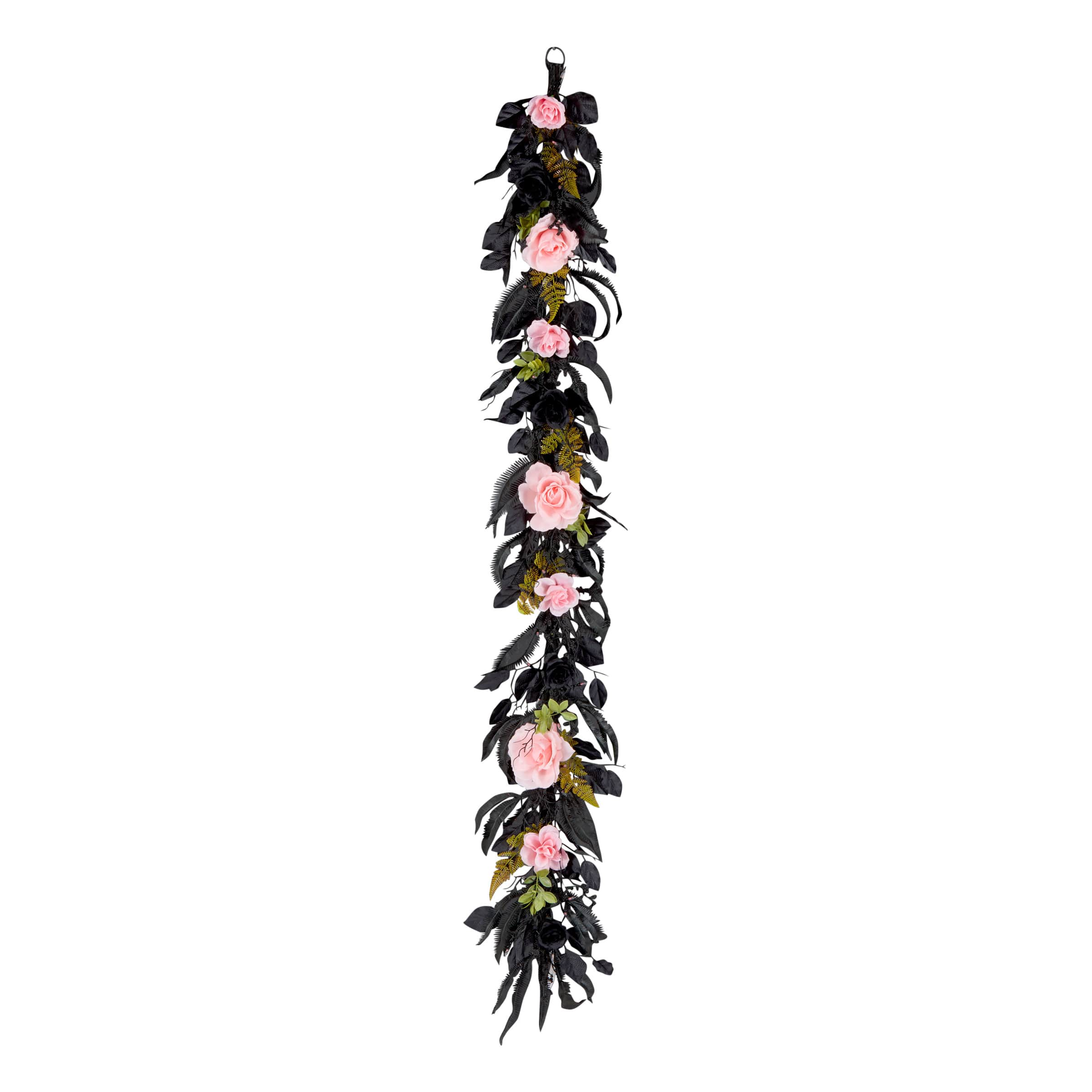 6ft. Cute &#x26; Creepy Pink &#x26; Black Halloween Flower Pre-Lit LED Garland