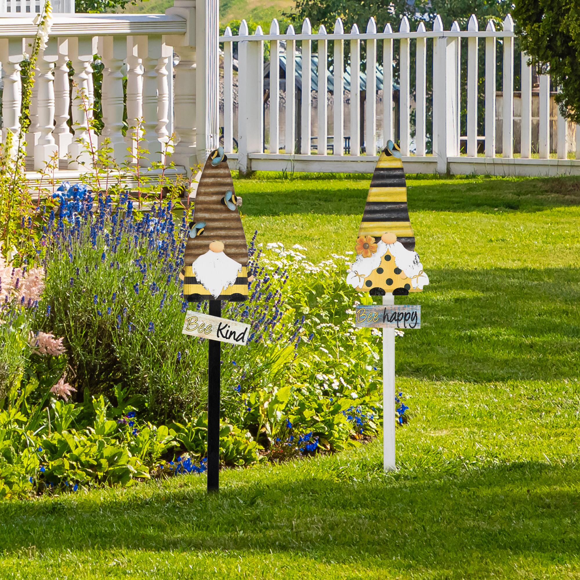 24" Bee Gnomes Wooden Garden Stake Set