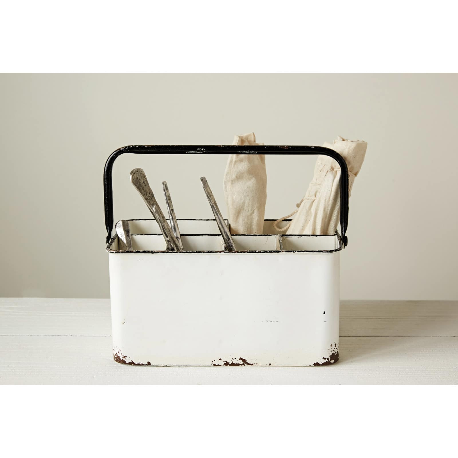 Distressed White Metal Caddy With 6 Compartments