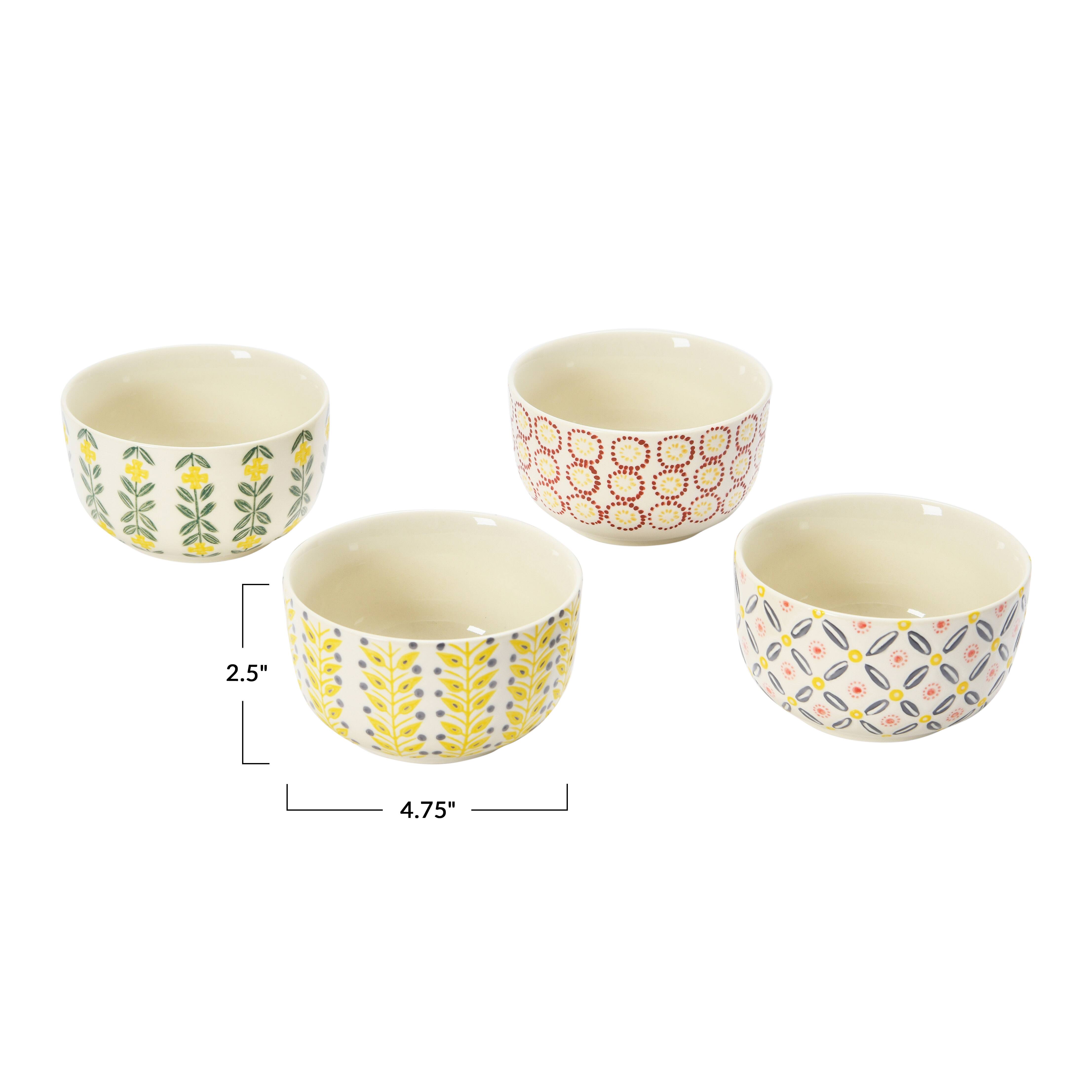 Hello Honey® 4.75" Wide Floral Print Hand-Stamped Stoneware Bowls, 4ct.