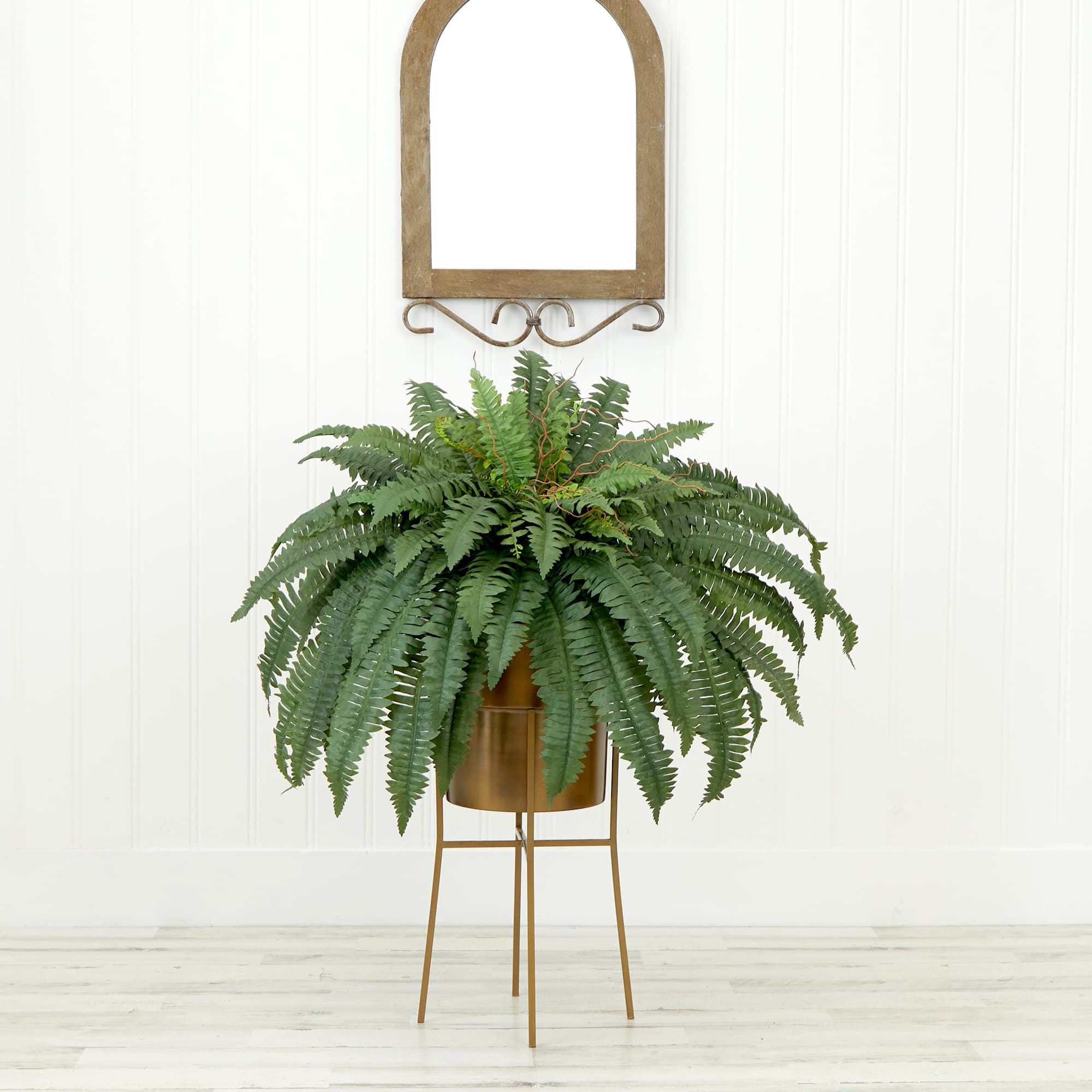 32&#x22; Artificial Boston Fern Plant with Metal Planter with Stand