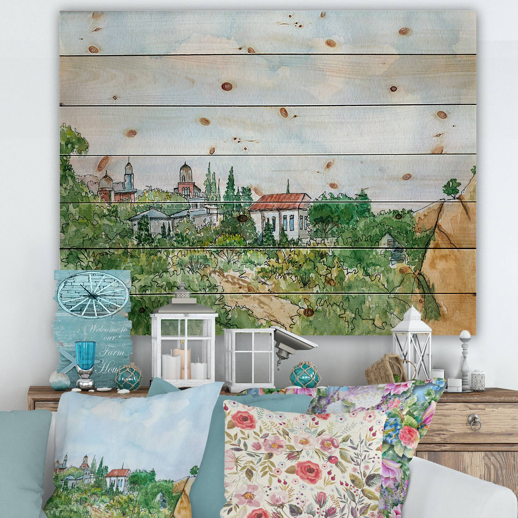 Designart - White House With Red Roof In The Countryside - Traditional Print on Natural Pine Wood