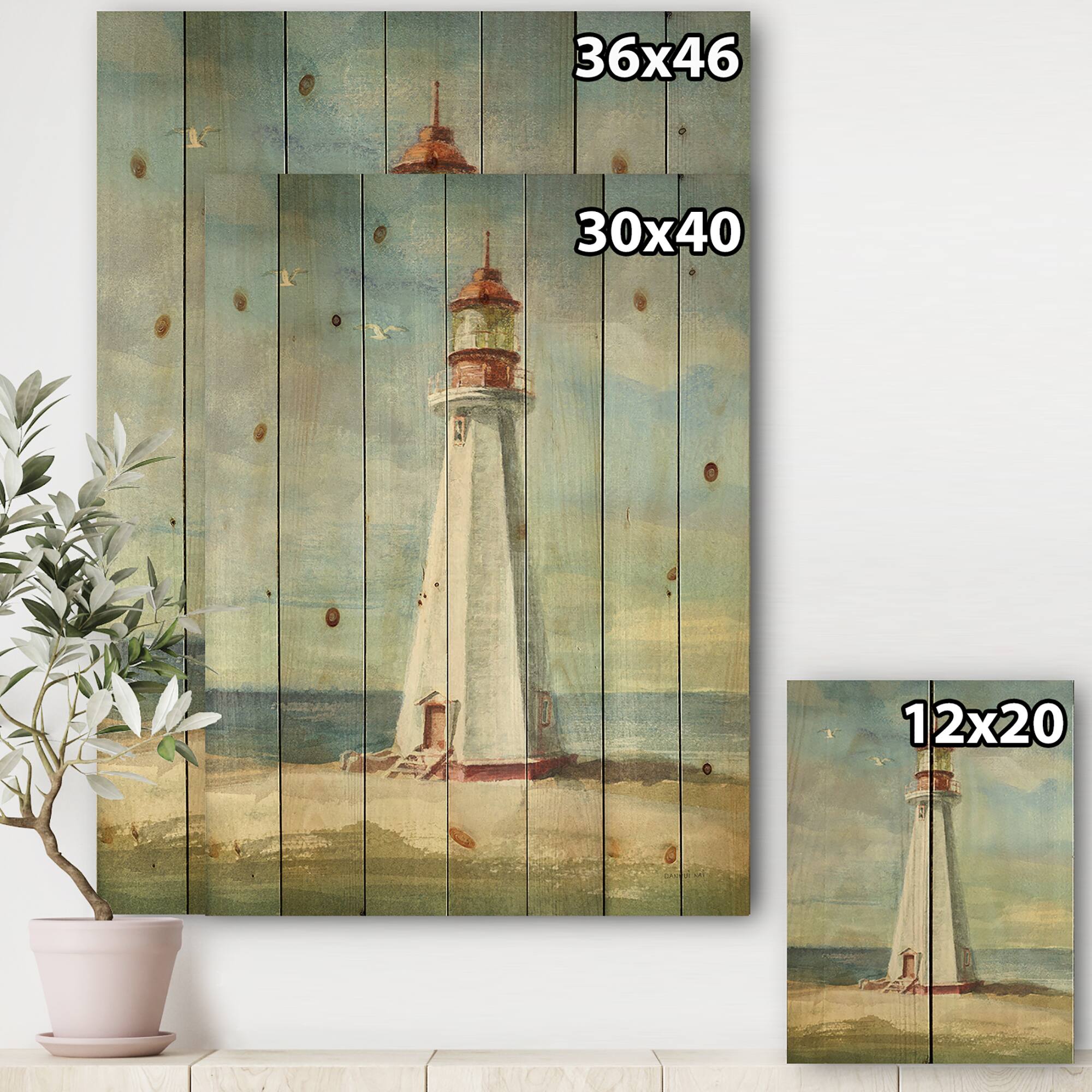 Designart - Nautical Lighthouse III - Nautical &#x26; Beach Print on Natural Pine Wood
