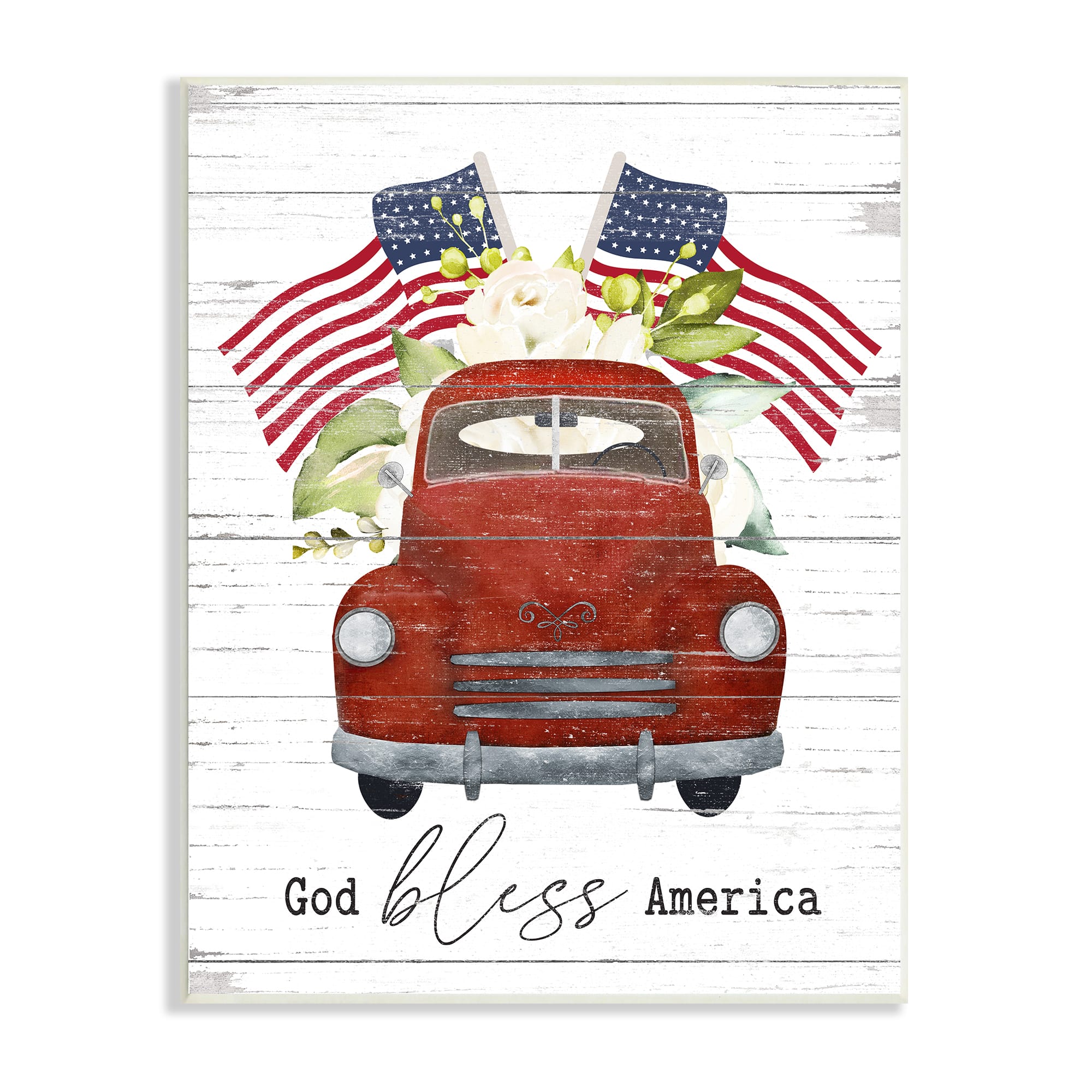 Stupell Industries God Bless America Sentiment Americana Red Truck Flags Wall Plaque