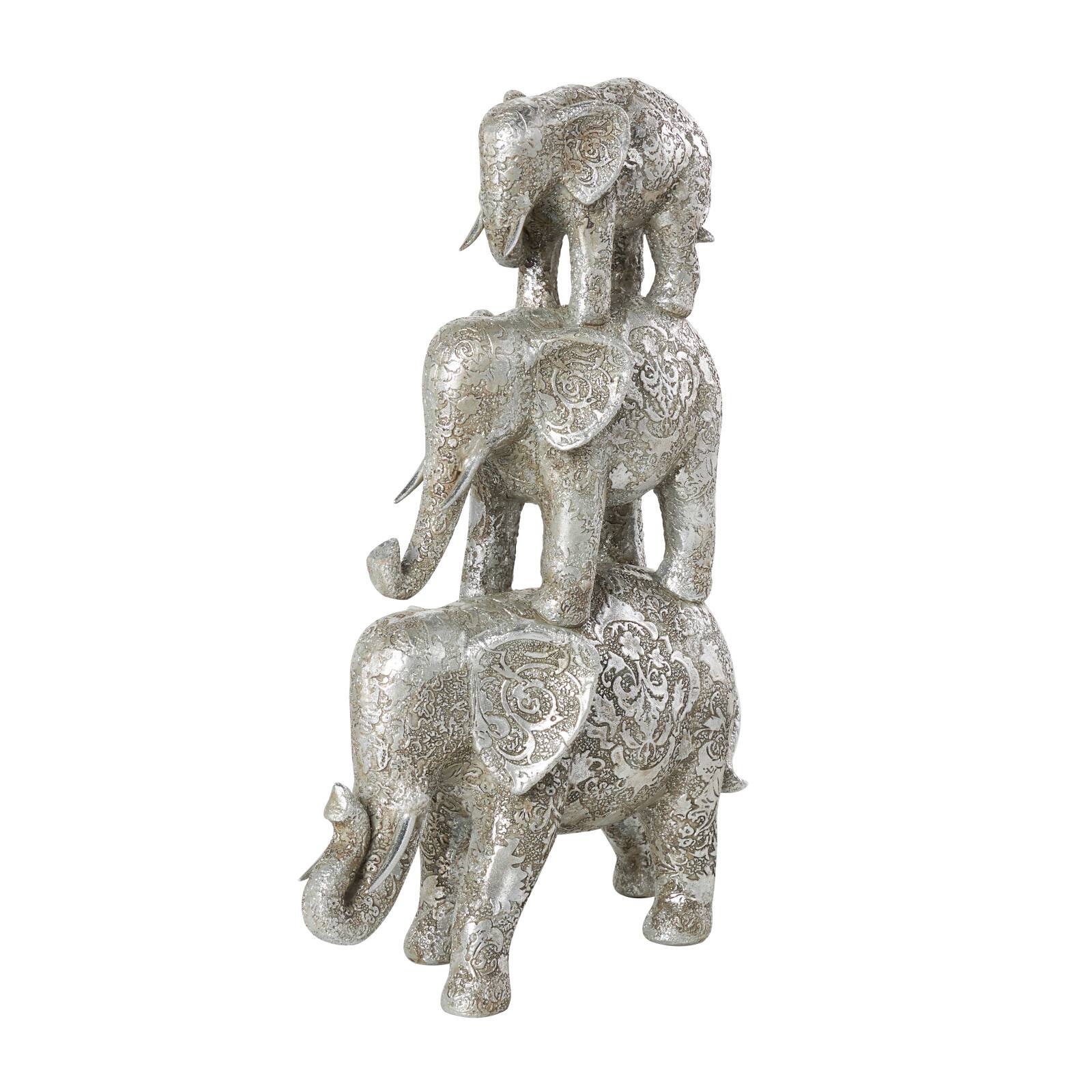 18" Silver Polystone Elephant Floral Engraved Stacked Sculpture