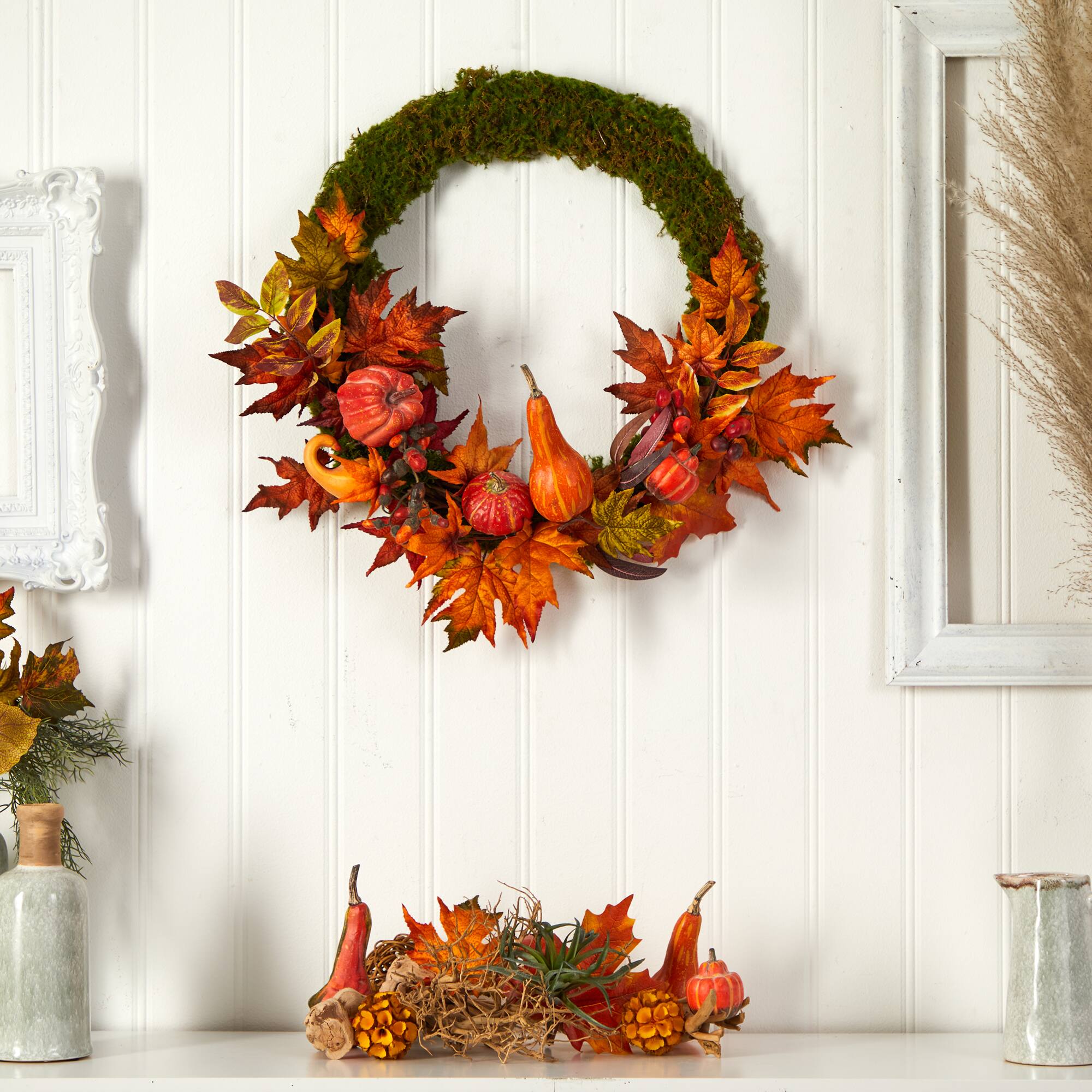 20" LED Autumn Pumpkin, Gourd & Fall Maple Leaf Wreath