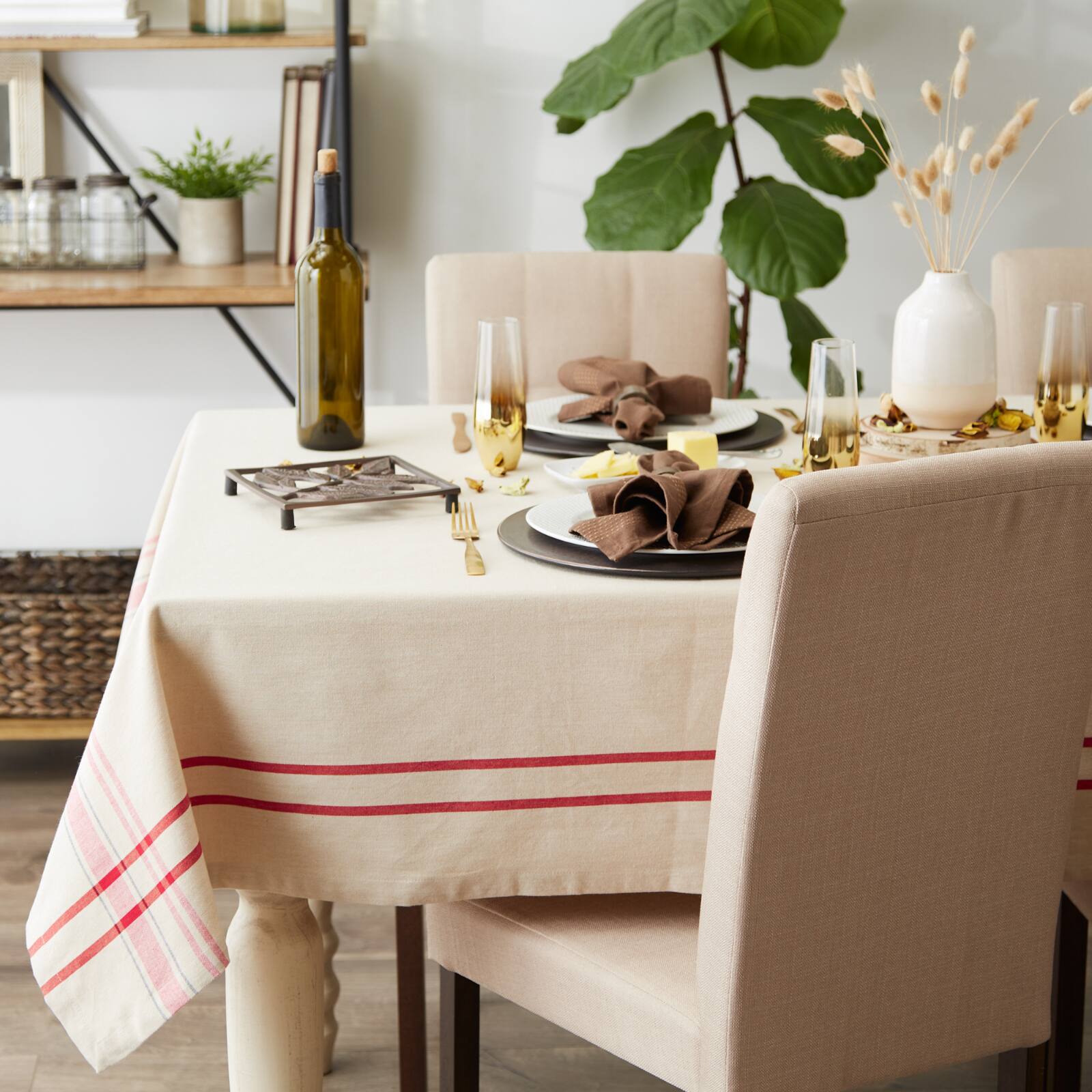 Red French Stripe Tablecloth 60&#x22; x 84&#x22;