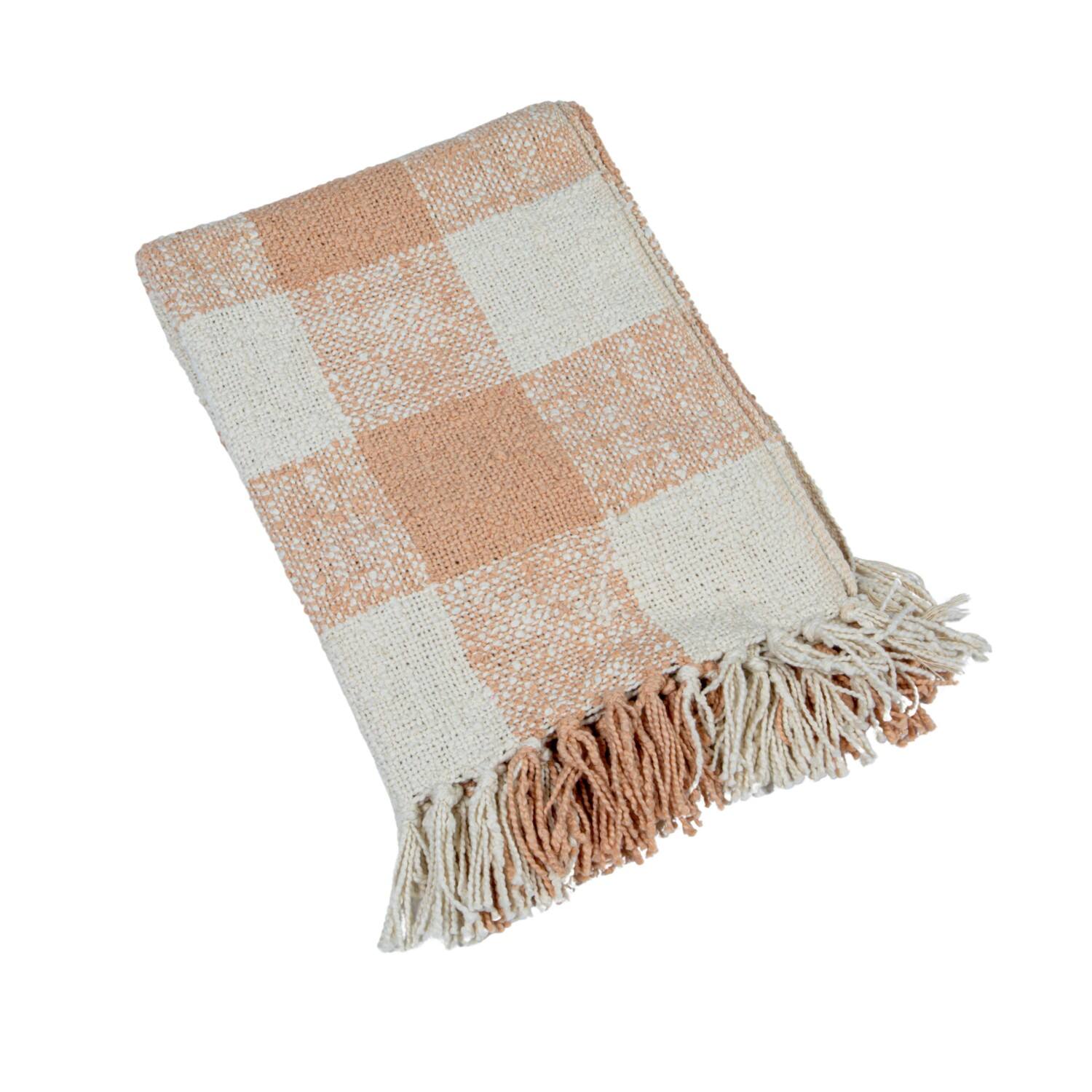 Hello Honey® Blush & Cream Plaid Hand-Woven Cotton Throw with Fringe