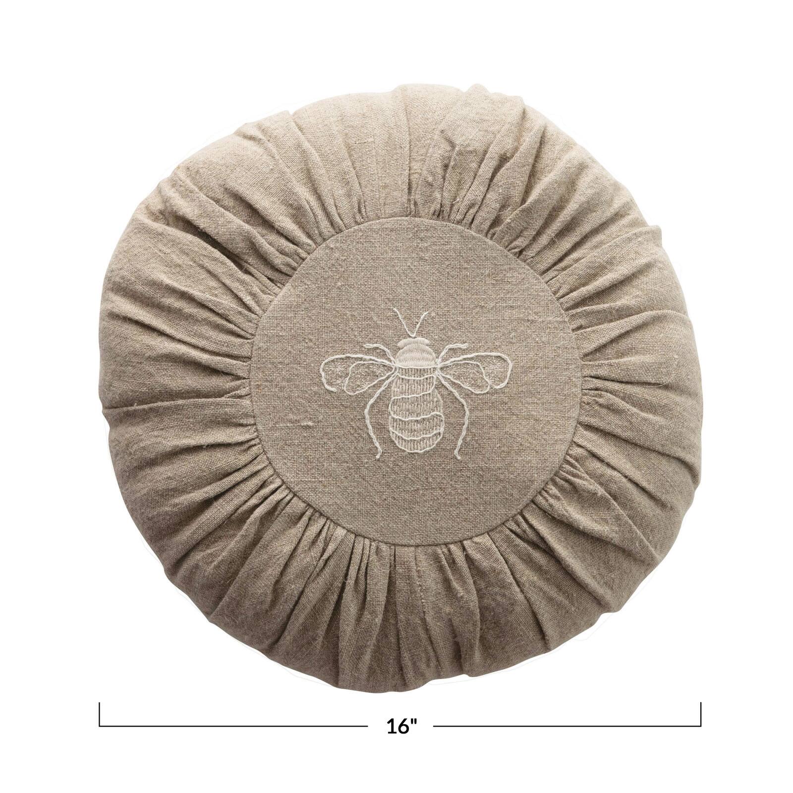 Hello Honey® Round Natural Embroidered Bee Pillow