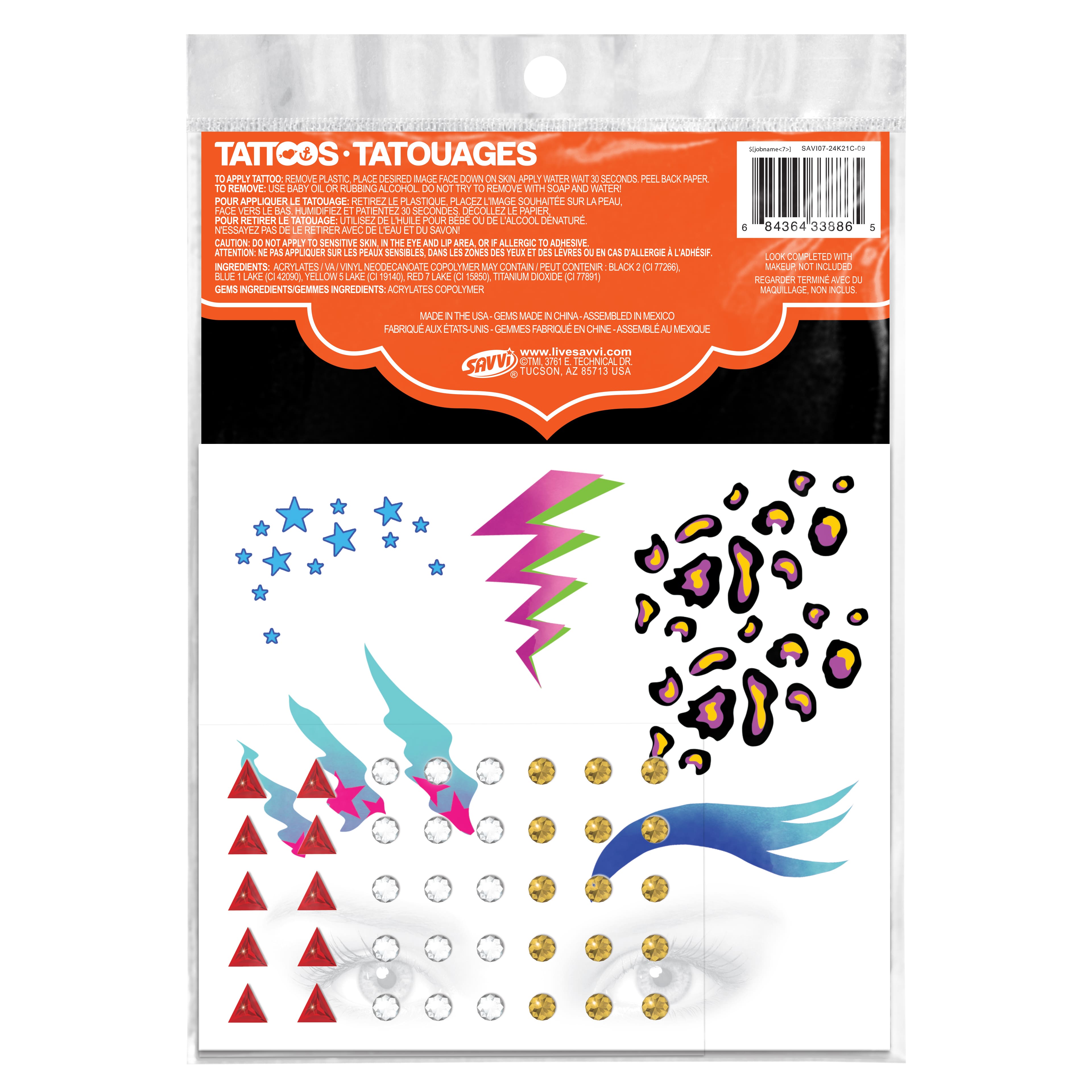 Savvi 80s &#x26; 90s Rock Star Costume Tattoos with Gems