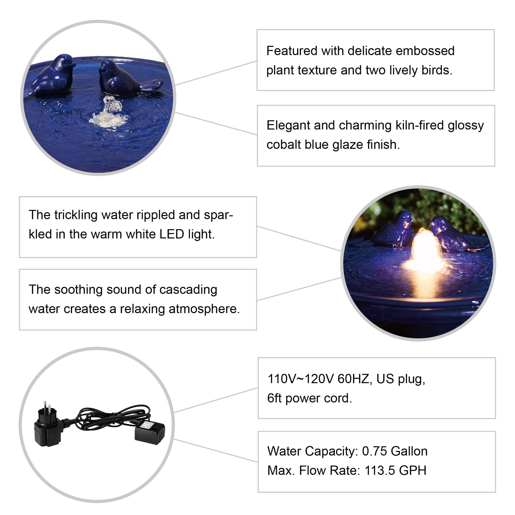 Glitzhome&#xAE; 27.5&#x22; LED Bird Pedestal Ceramic Fountain