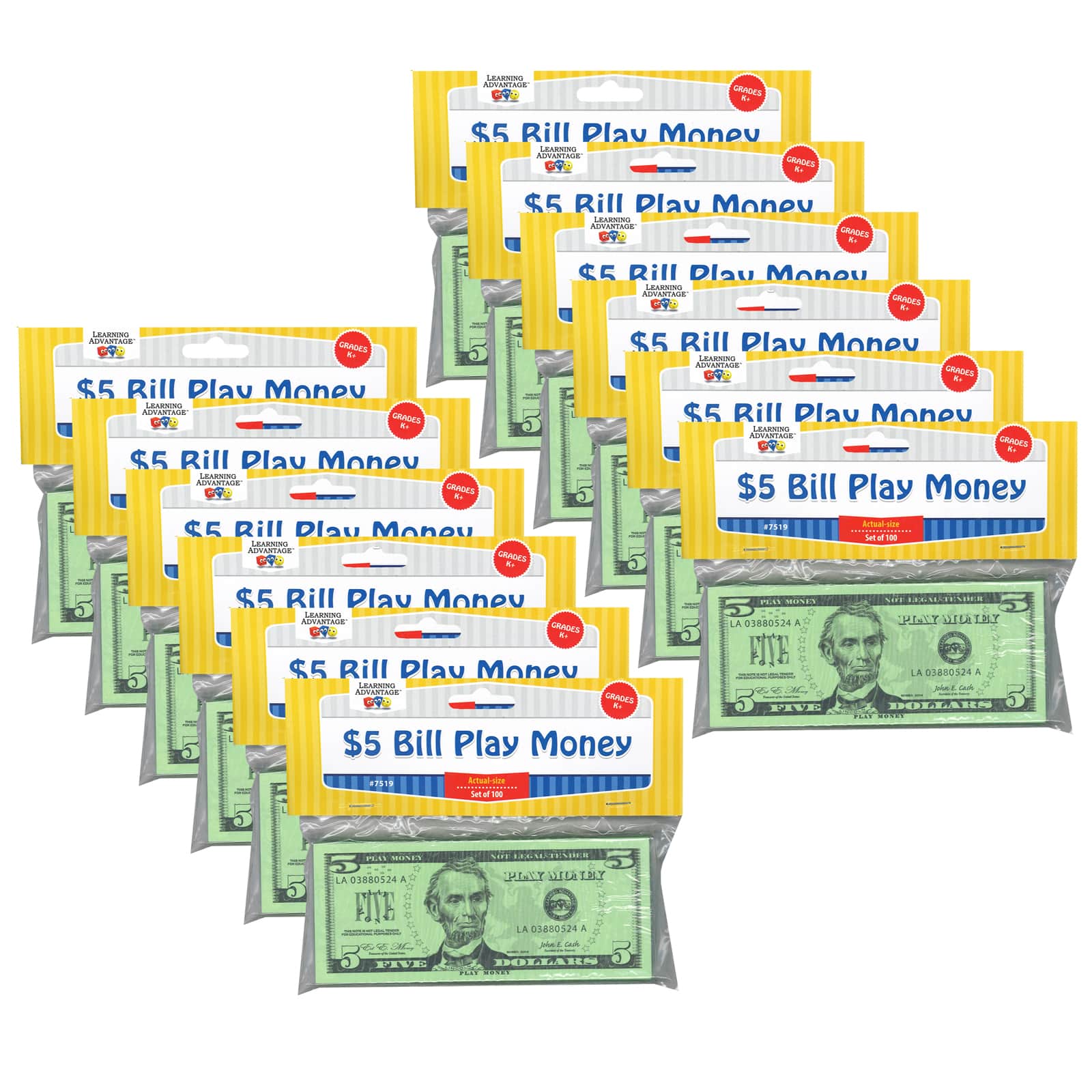 Learning Advantage&#x2122; Play $5 Bills Set, 12 packs of 100