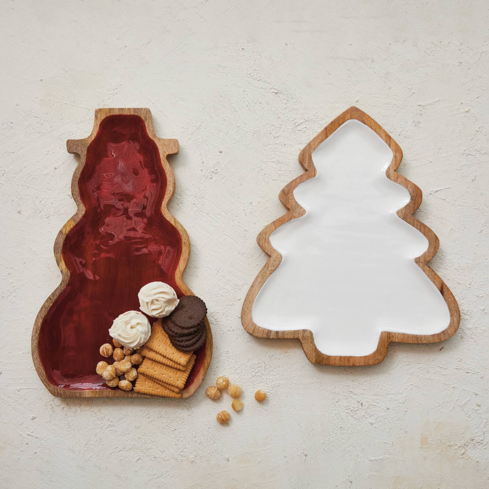 Hello Honey&#xAE; 14.5&#x22; White &#x26; Natural Enameled Mango Wood Christmas Tree Shaped Tray