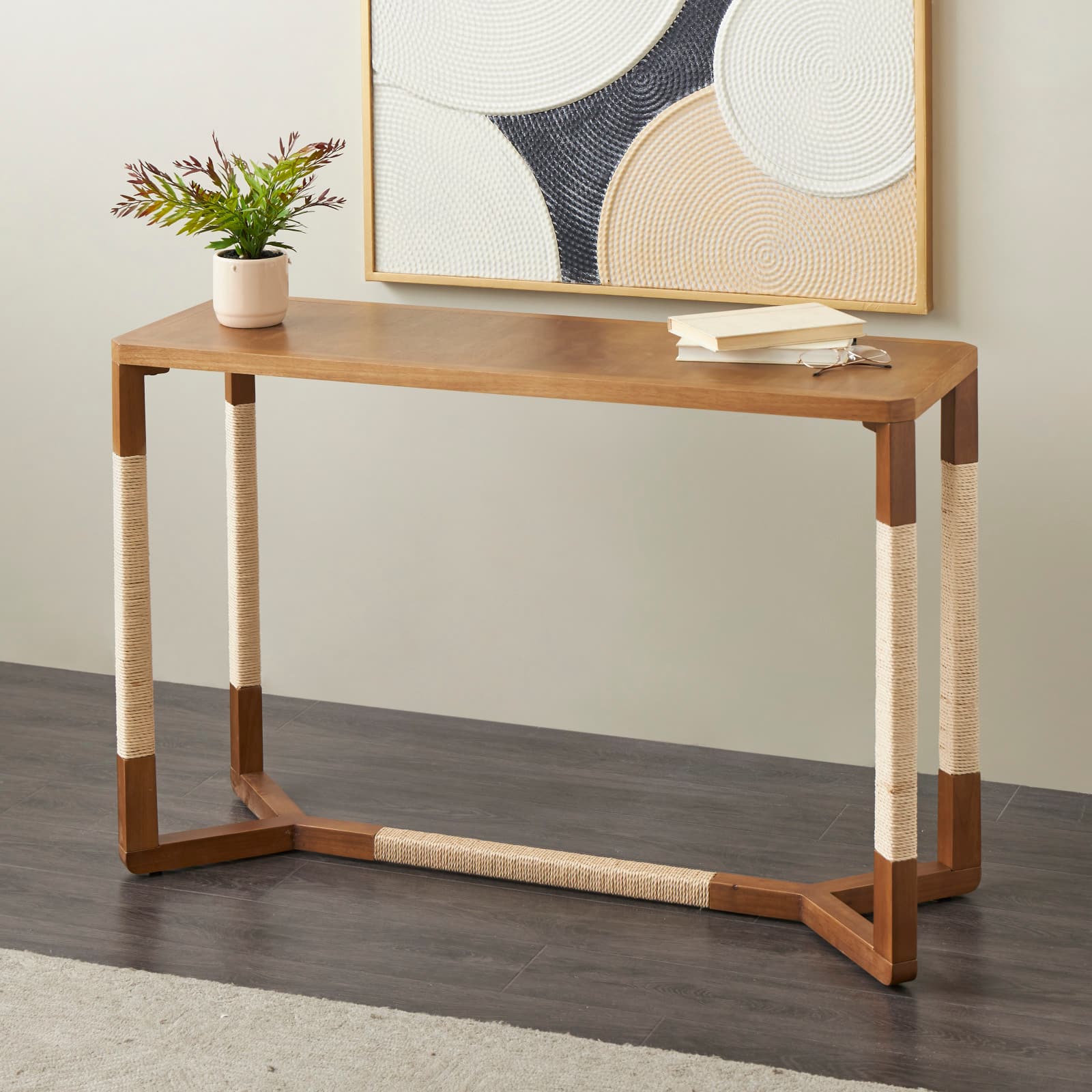 47.25&#x22; Brown Wooden Living Room Console Table with Rope Wrapped Frame