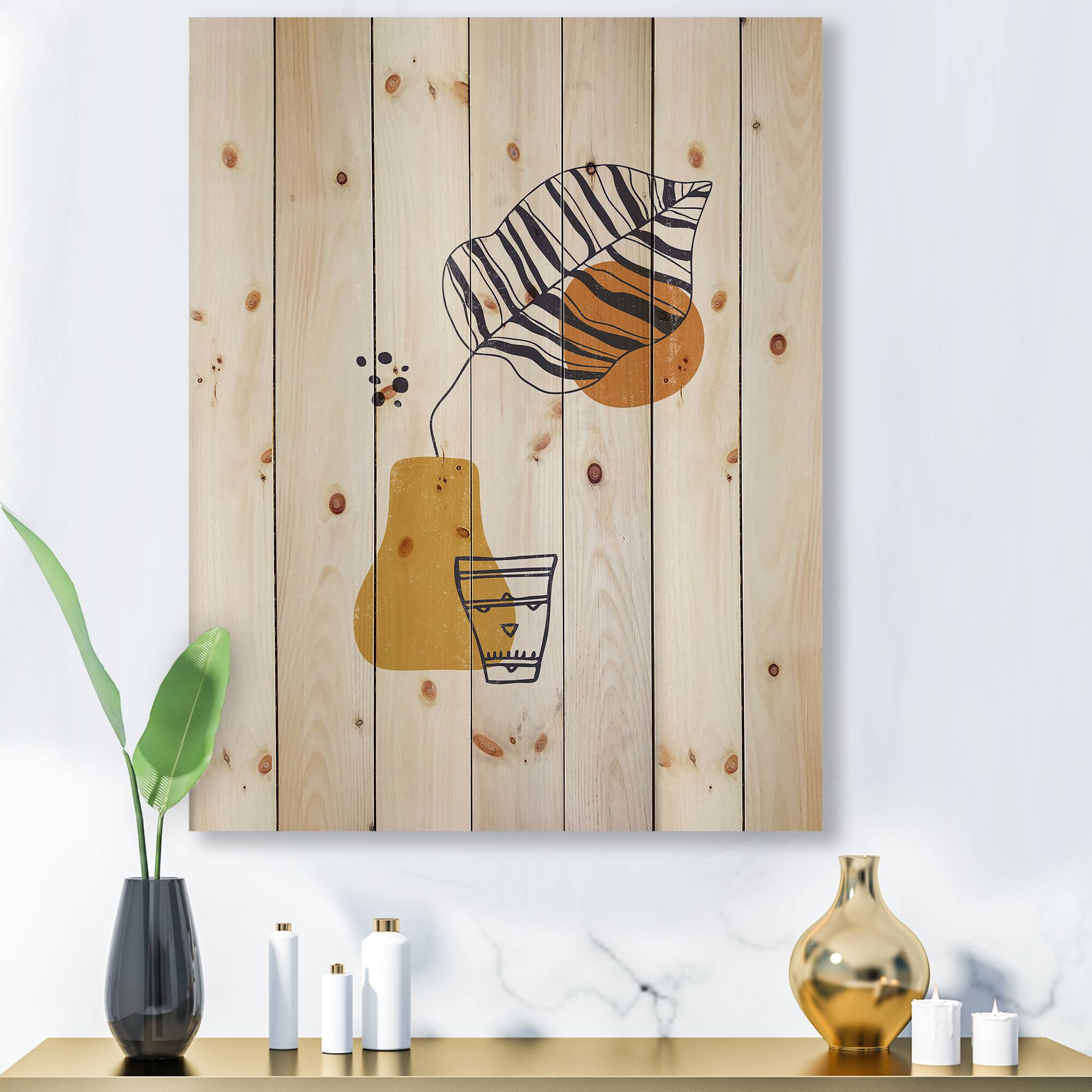 Designart - Botanical Minimalist Leaf With Abstract Shapes III - Modern Print on Natural Pine Wood