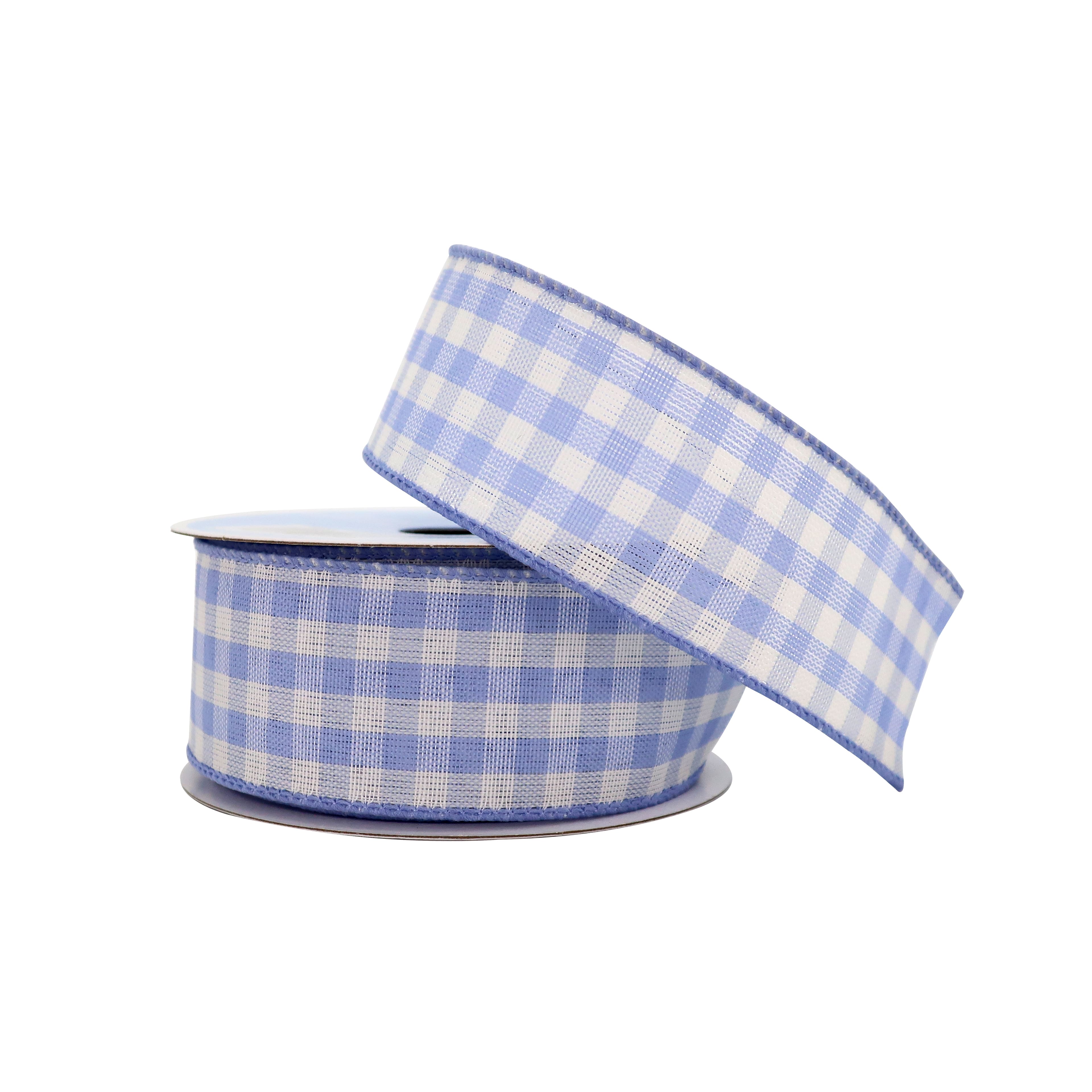 1.5 Blue Gingham Ribbon, Wired Blue Gingham Ribbon, Blue White Wired Ribbon