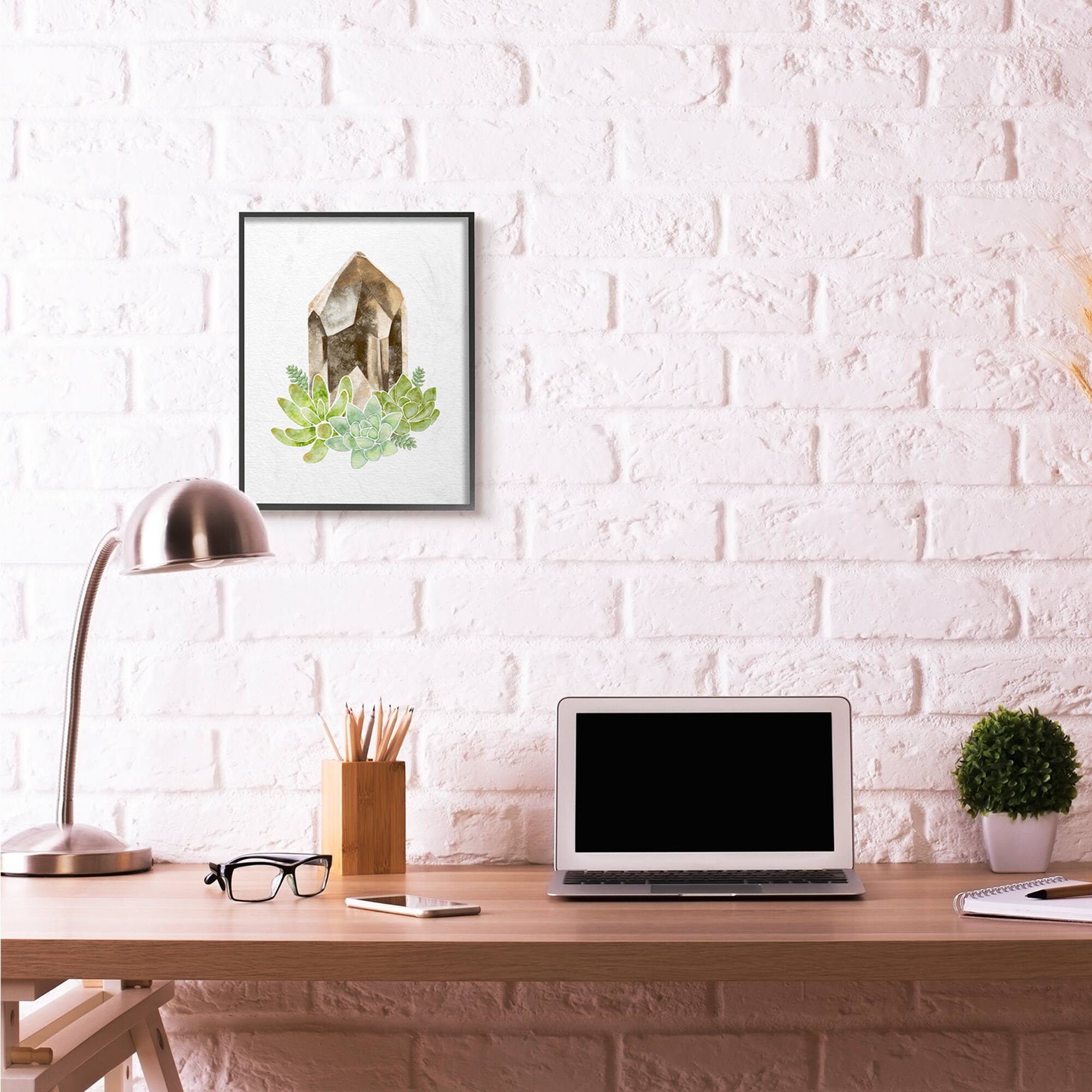 Stupell Industries Succulent Crystal Flower Brown Green Watercolor Painting in Black Frame Wall Art