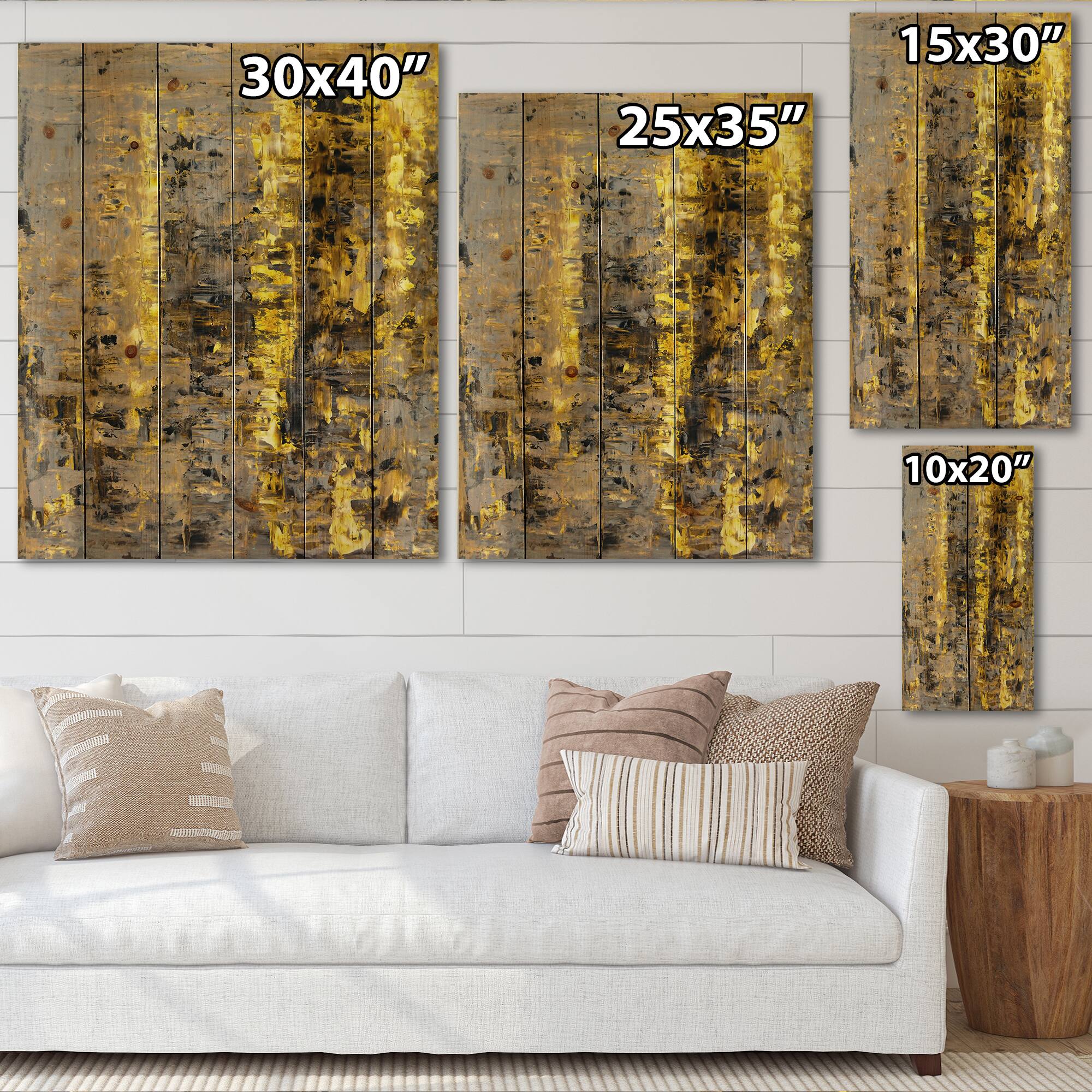 Designart - Yellow Meets Grey Abstract Art II - Modern Print on Natural Pine Wood