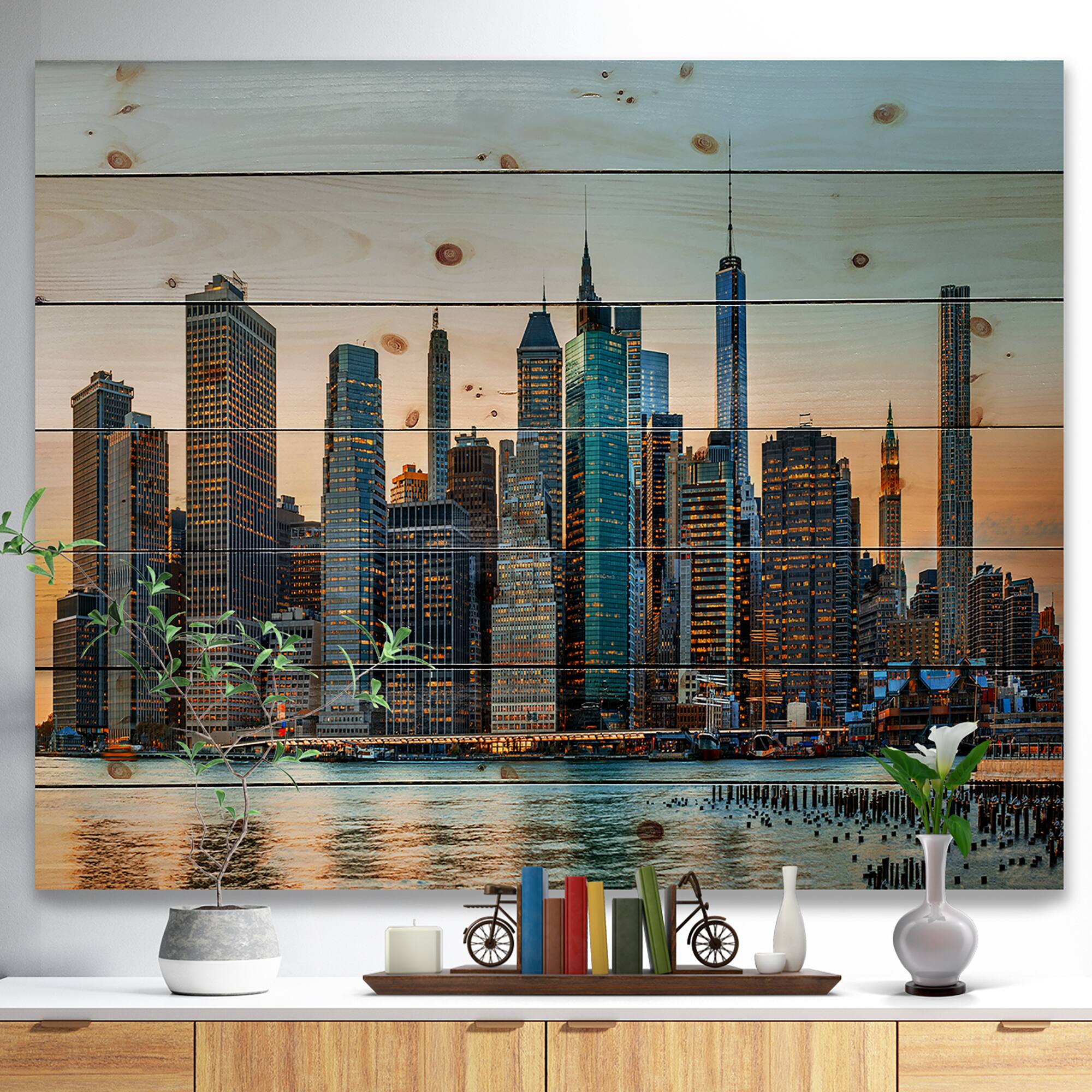 Designart - New York City Skyline - Photography Print on Natural Pine Wood