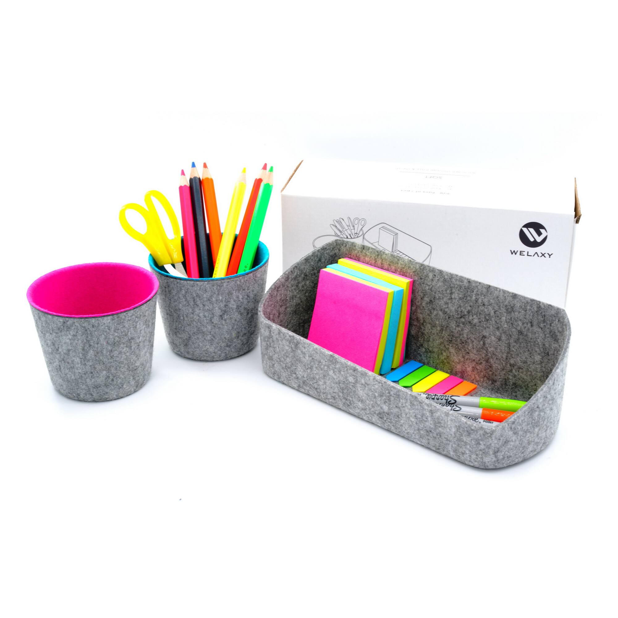 Welaxy Felt 3 Piece Gray Tray with Turquoise &#x26; Hot Pink Cups Desktop Organizer Set