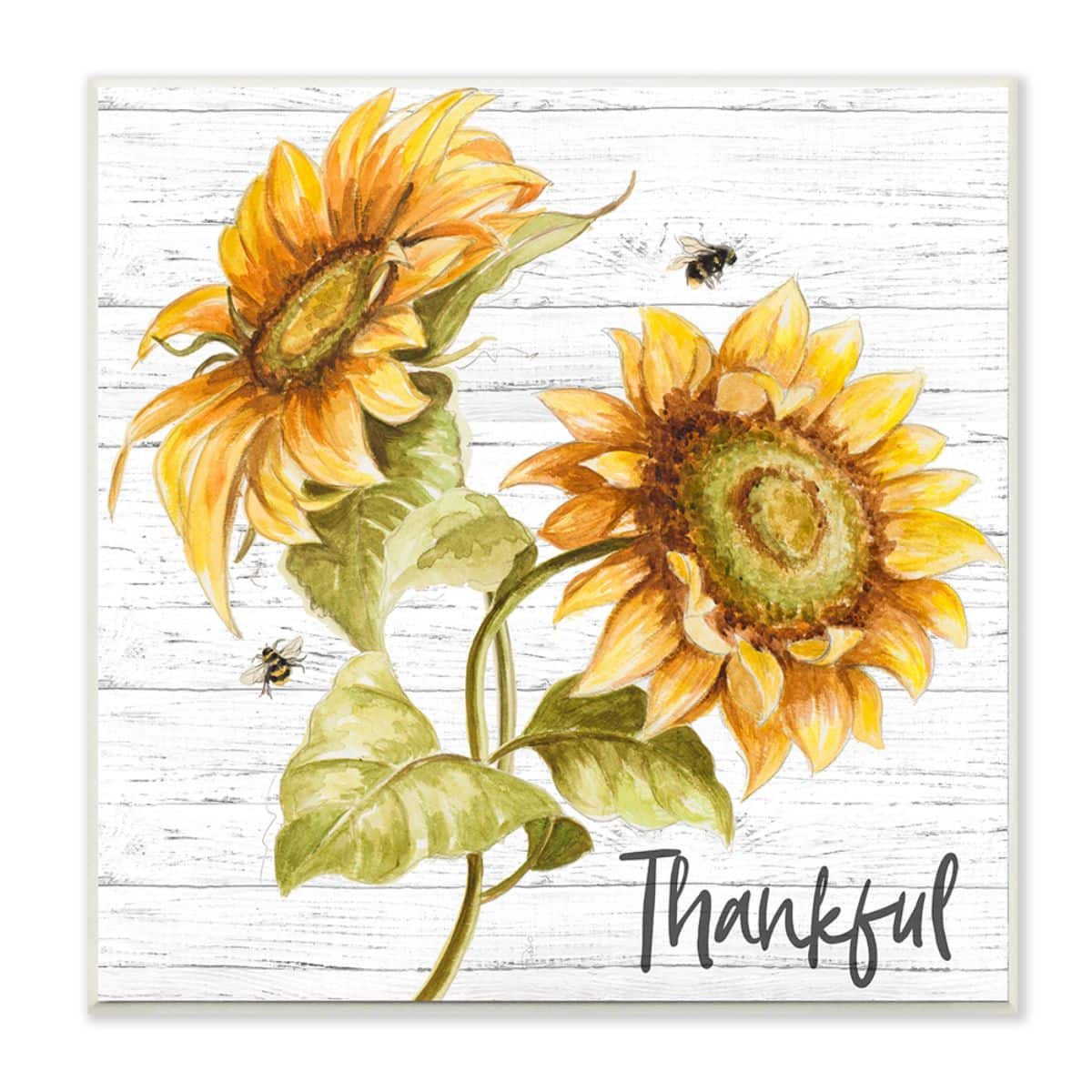 Stupell Industries Thankful Text Country Sunflowers Bumble Bees Wood Wall Plaque