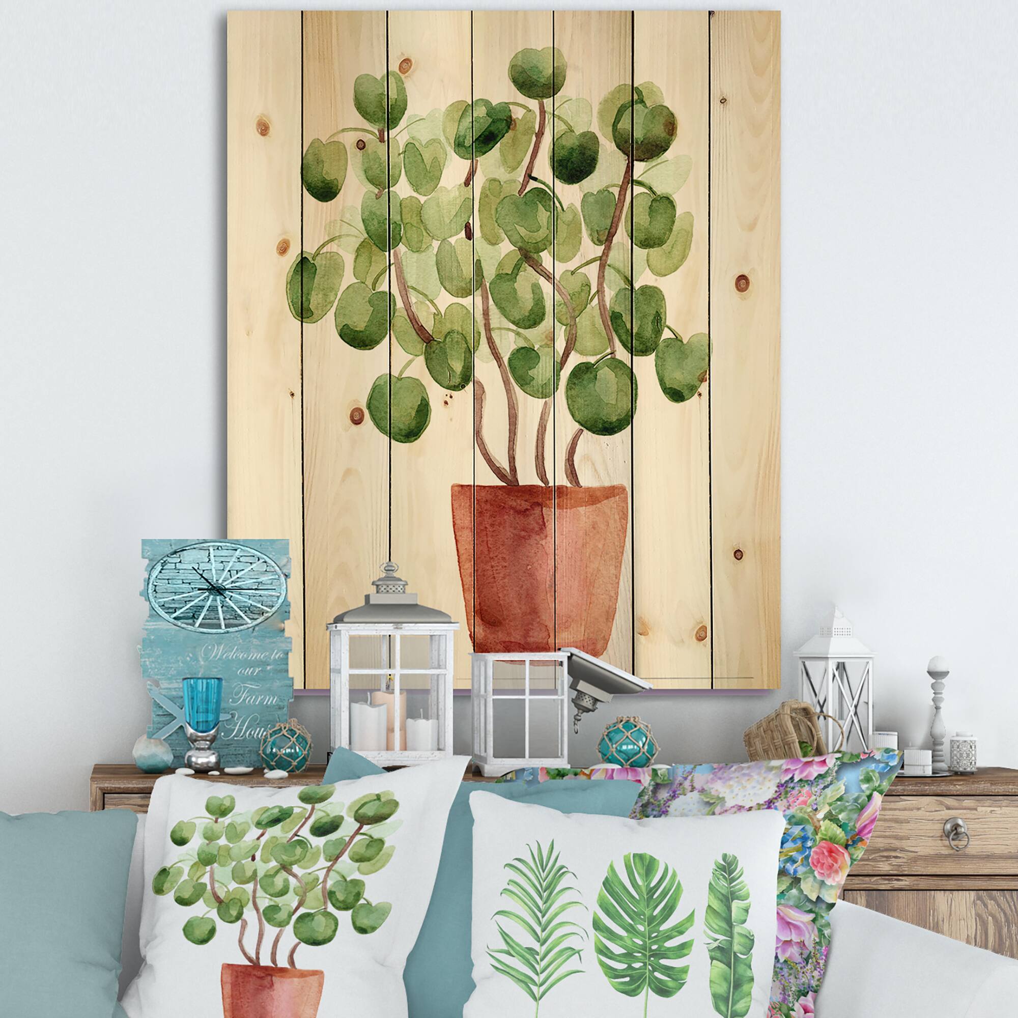 Designart - Chinese Money Plant In Pot - Traditional Print on Natural Pine Wood