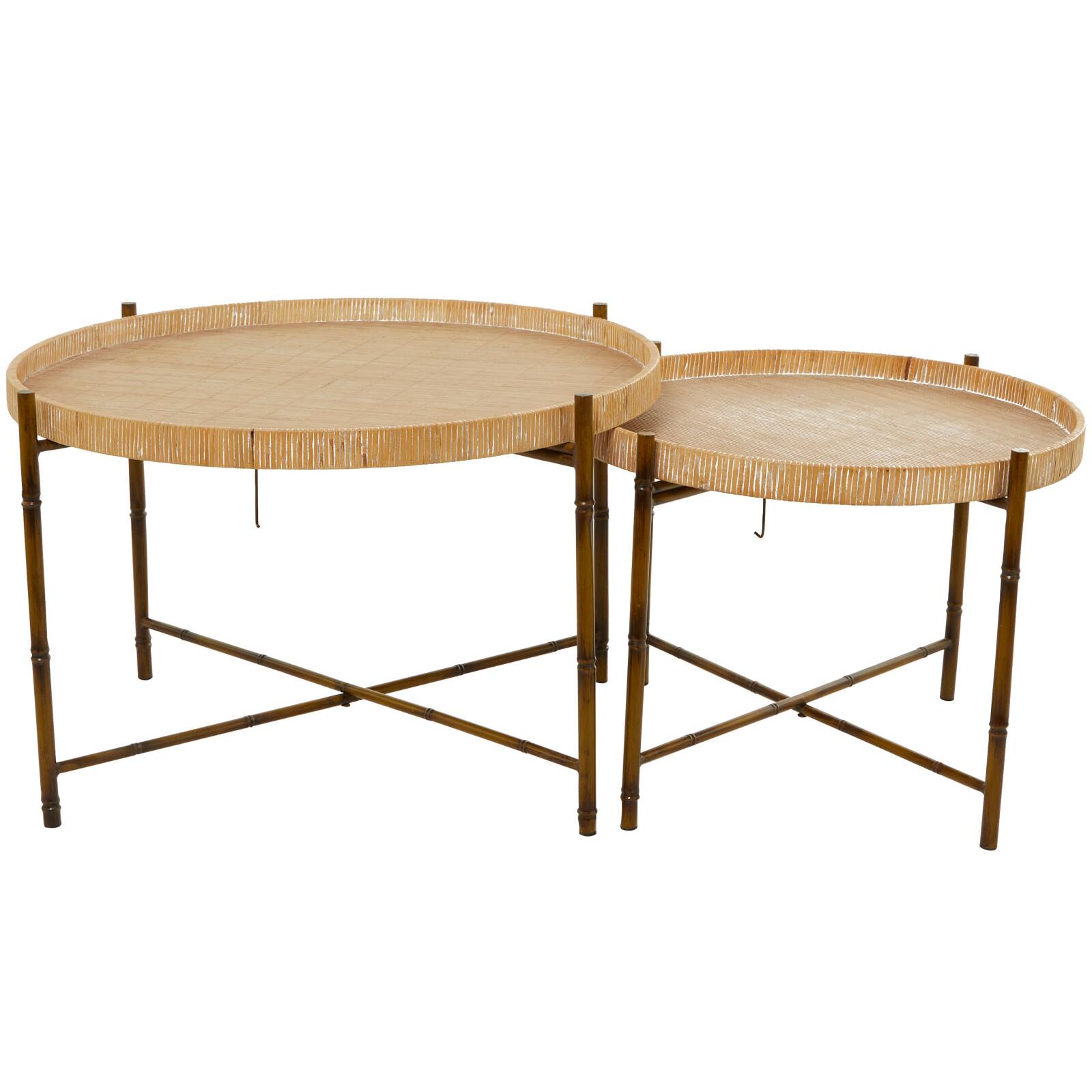 Brown Rattan Nesting Accent Table with Metal Bamboo Inspired Legs Set of 2 20", 18"