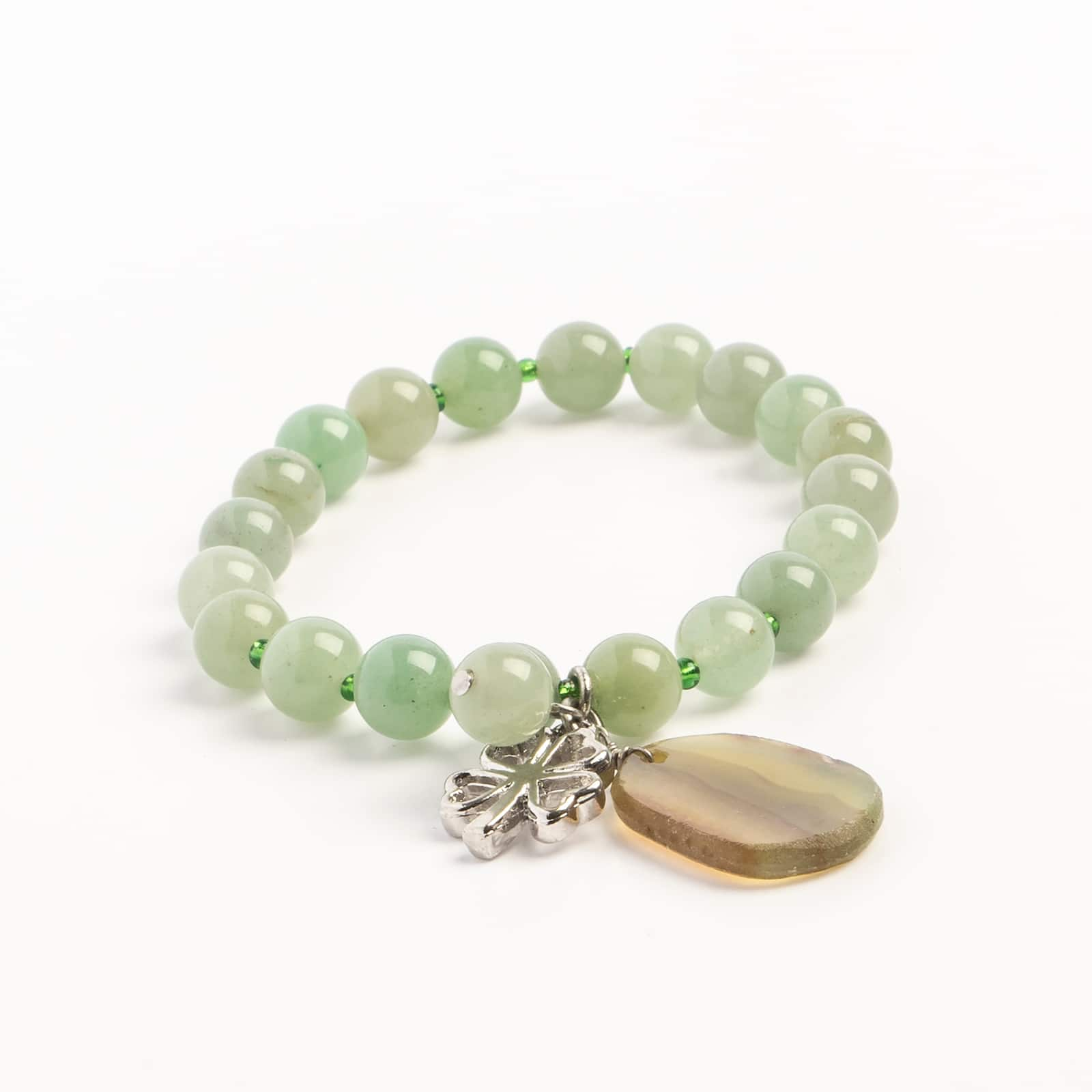 John Bead Aventurine Green Natural Stone Bracelet with Agate &#x26; Clover Charms