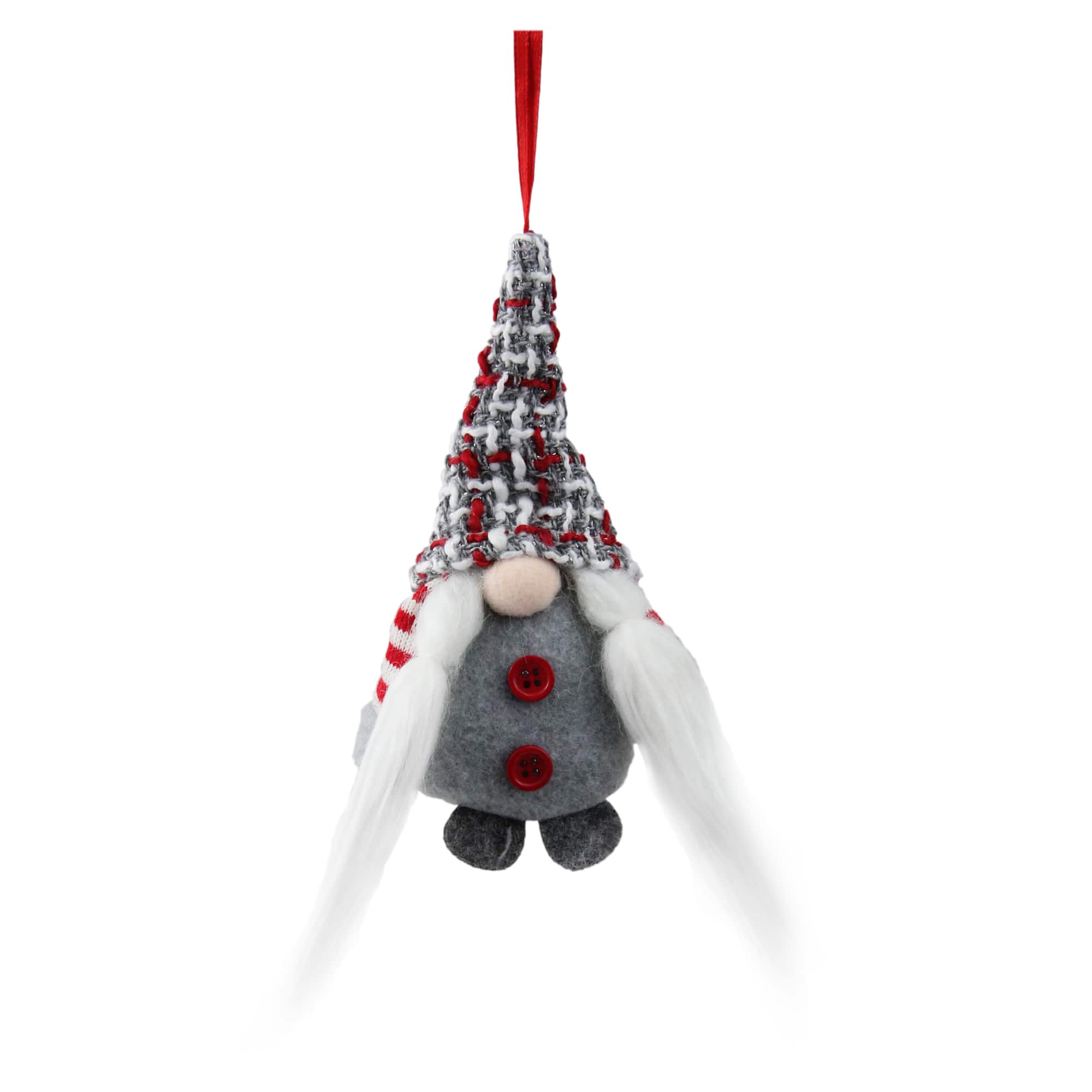6&#x22; Gray &#x26; Red Plaid Santa&#x27;s Helper Gnome Hat Knit Ornament