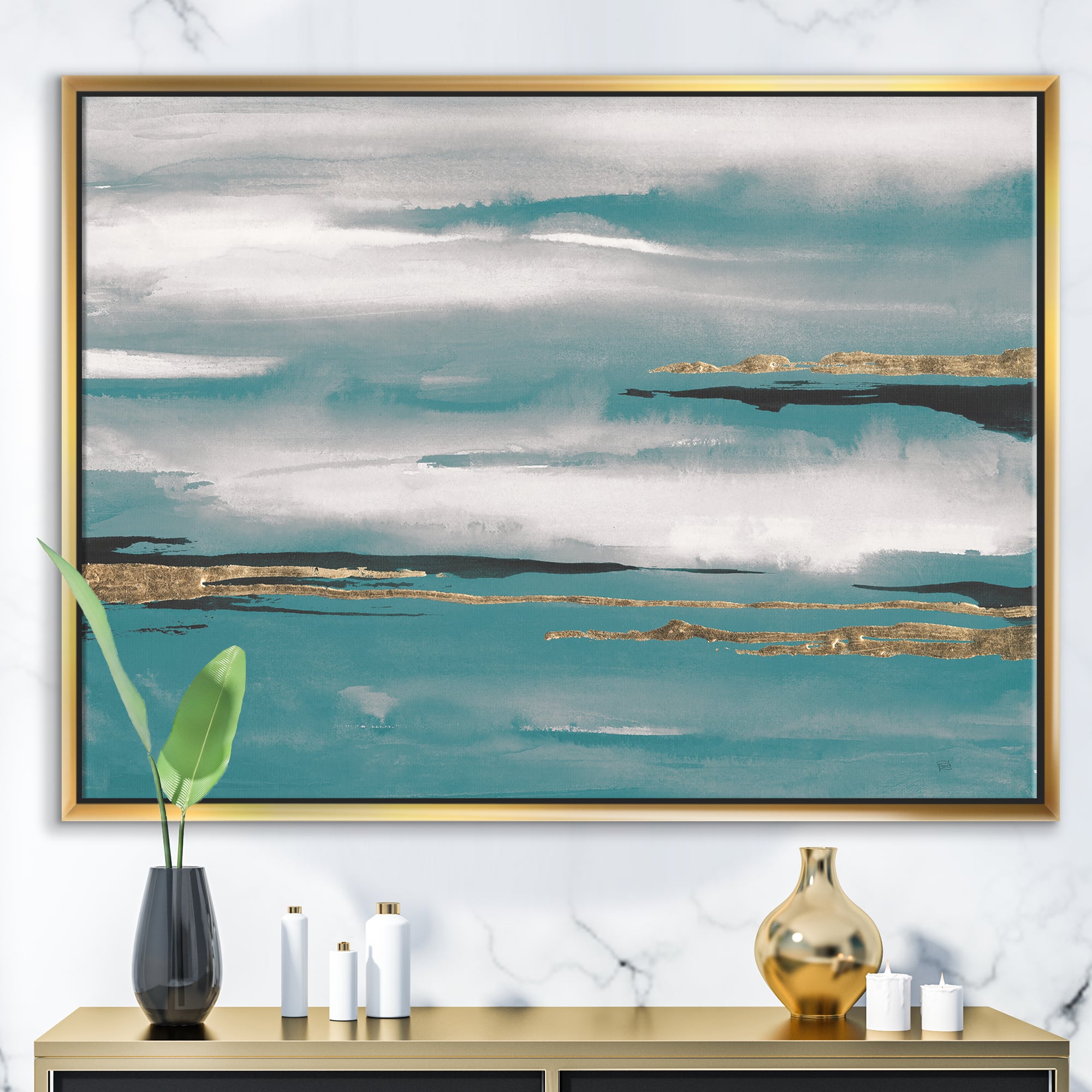 Designart - Glam Teal Watercolor II - Modern &#x26; Contemporary Canvas in Gold Frame