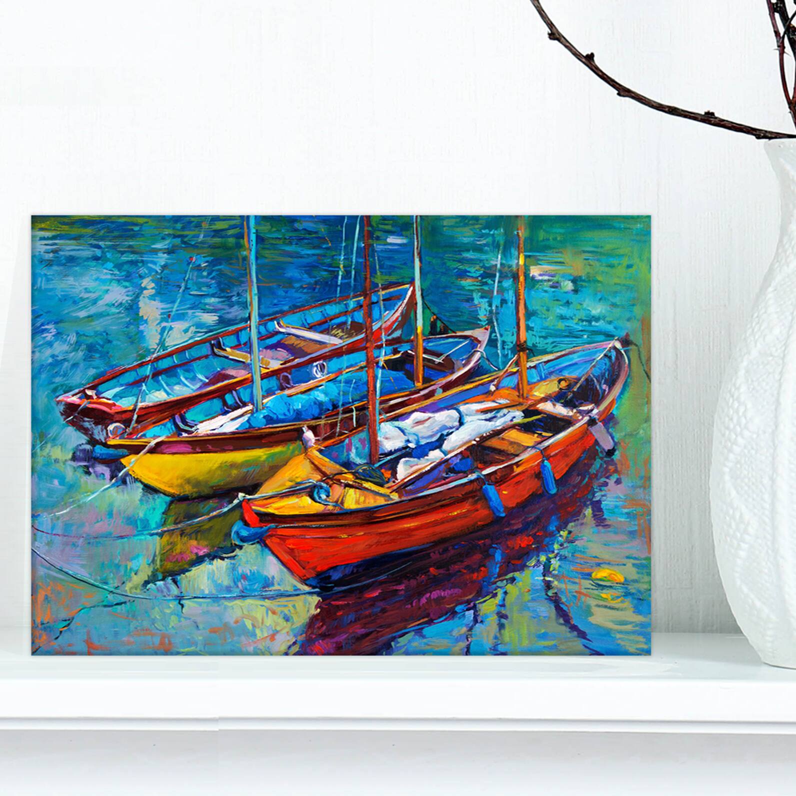 Designart - Three Fishing Boat Oil Painting - Sea & Shore Painting Print on Wrapped Canvas
