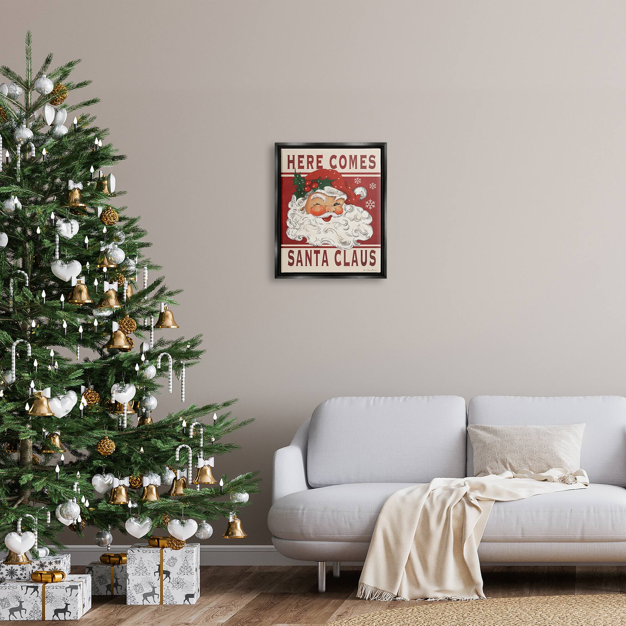 Stupell Industries Here Comes Santa Claus Smiling Vintage Framed Floater Canvas Wall Art