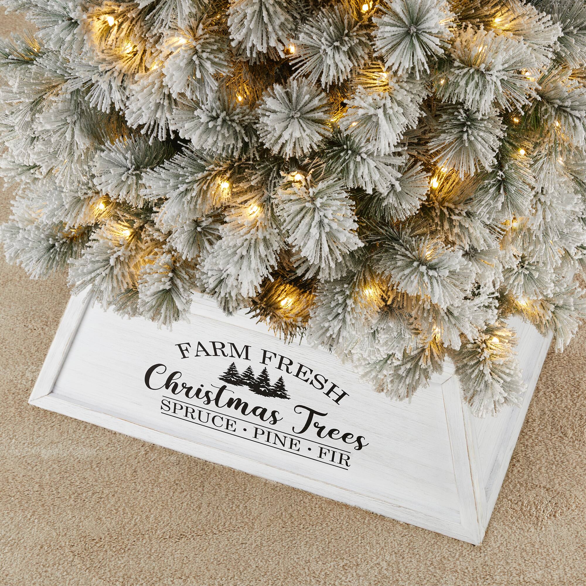 Glitzhome&#xAE; White 26&#x22; Farm Fresh Christmas Trees Wooden Trapezoid Tree Collar