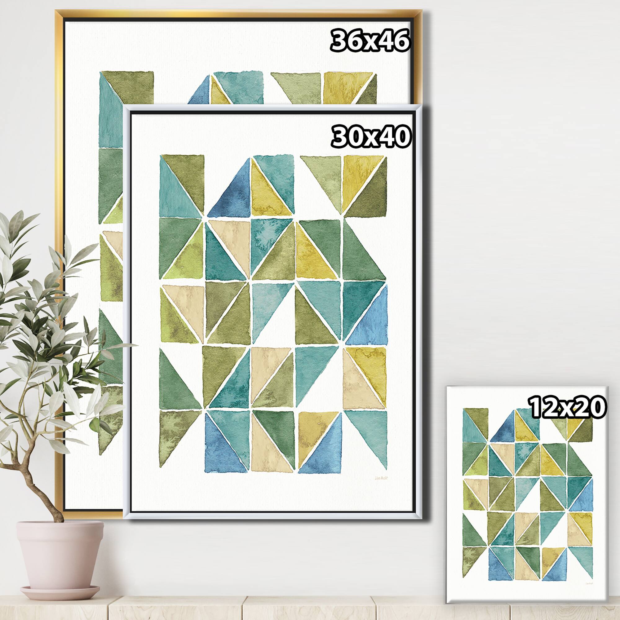 Designart - geometric Green Triangle I - Modern & Transitional Canvas in Gold Frame