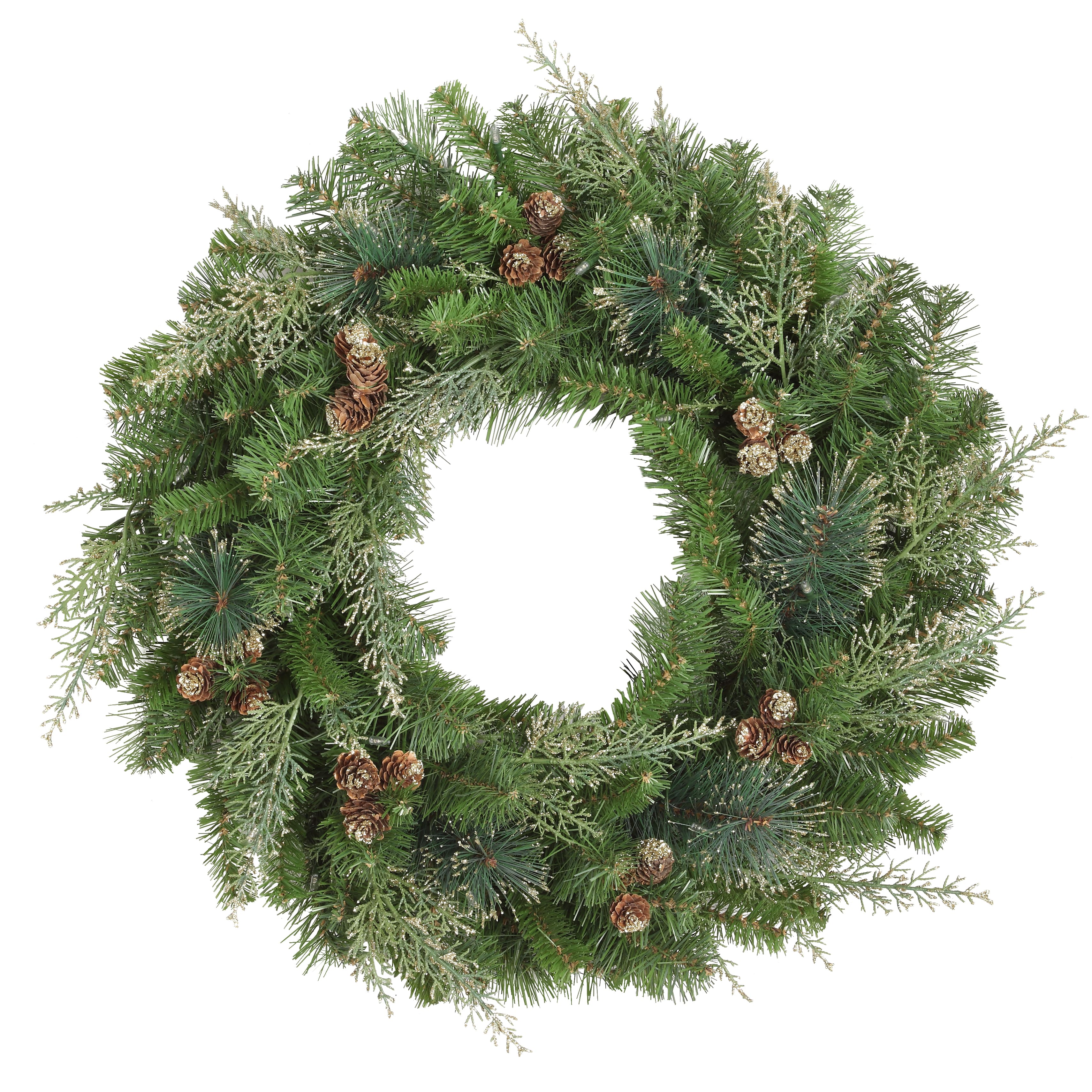 Haute Decor 24&#x22; Pre-Lit Bergen Pine Gold Accents Wreath, Soft White LED Lights